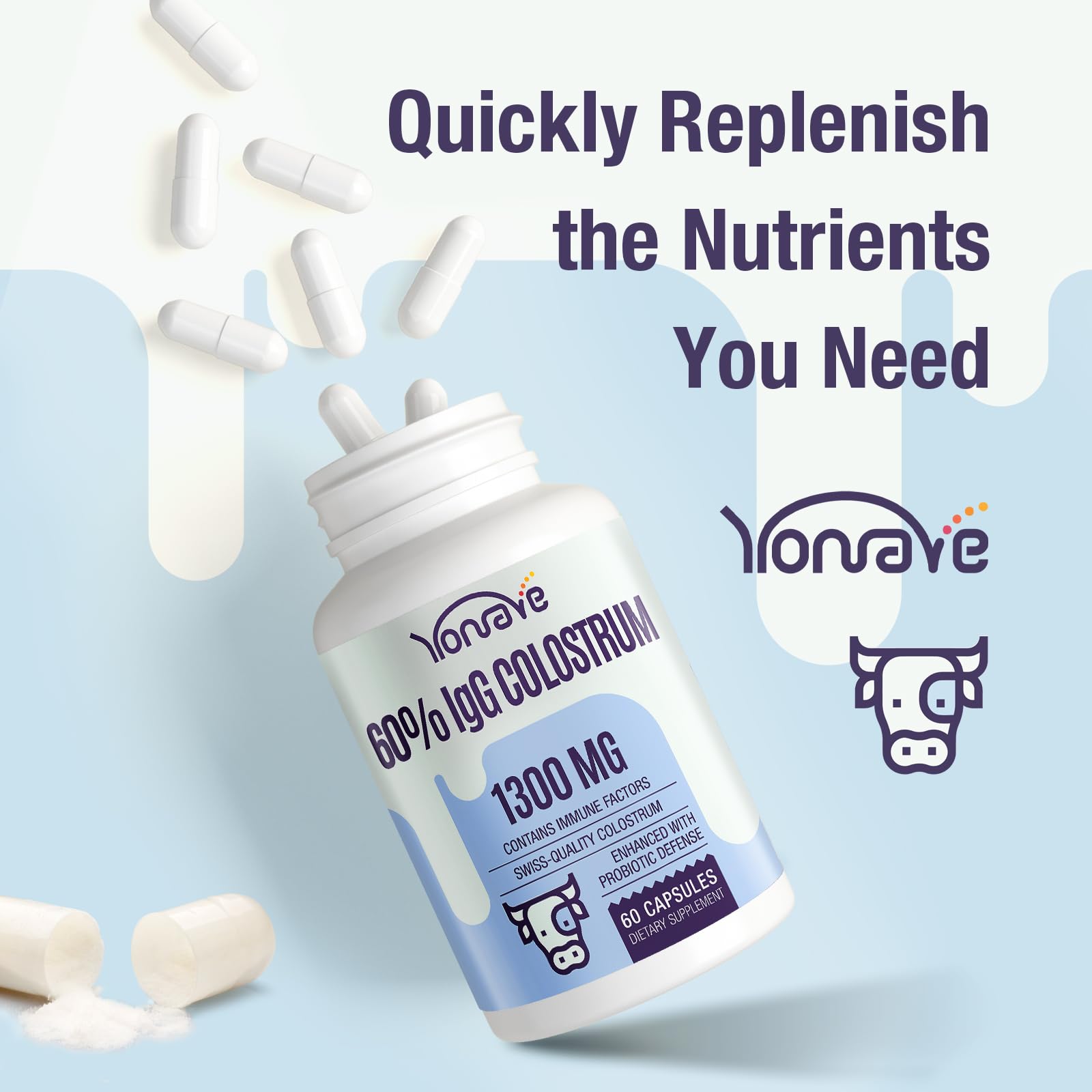 Yonrave Bovine Colostrum Capsules Supplement 1300mg - Extra High 60% IgG Bovine Colostrum - Gut, Bone, Exercise, Immune - 60 Capsules Yonrave uk supplements
