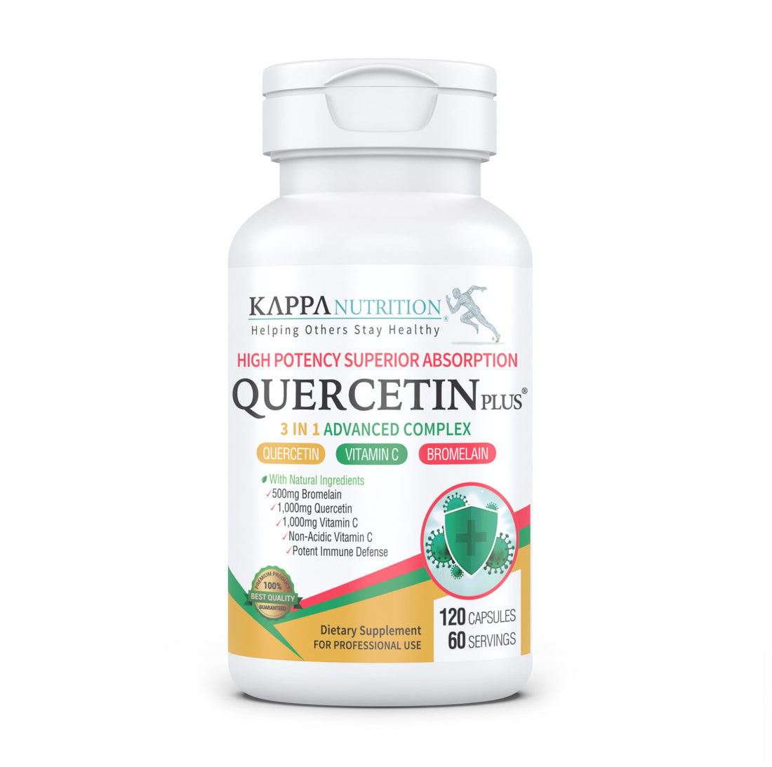 QUERCETIN PLUS, Quercetin 1,000mg, Bromelain 500mg and Vitamin C 1,000mg, (120 Capsules), 3 in 1 from Bioflavonoids, Supports Immune, Cardiovascular & Respiratory Health, Seasonal Allergy Relief. KAPPA NUTRITION uk supplements