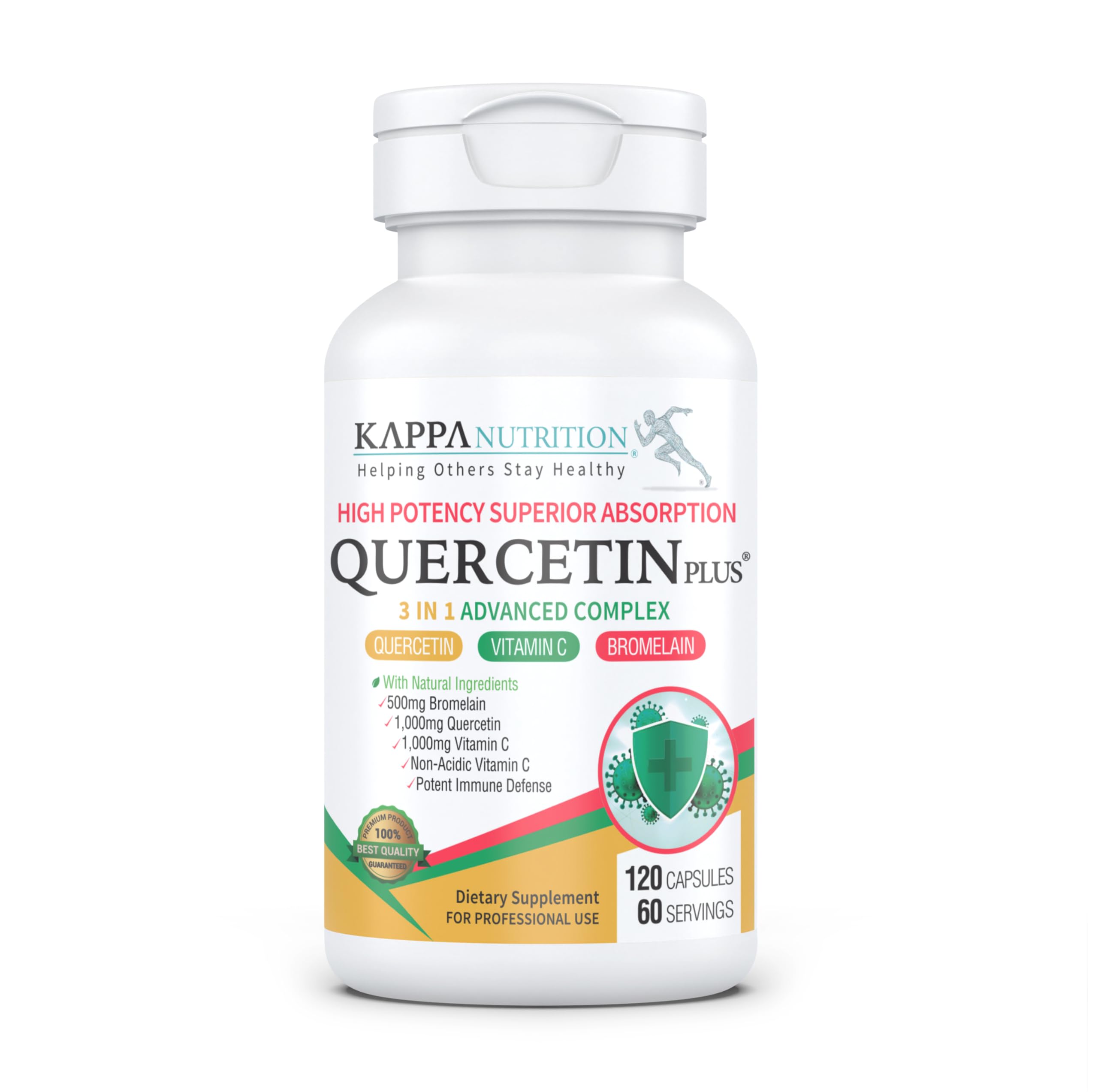 QUERCETIN PLUS, Quercetin 1,000mg, Bromelain 500mg and Vitamin C 1,000mg, (120 Capsules), 3 in 1 from Bioflavonoids, Supports Immune, Cardiovascular & Respiratory Health, Seasonal Allergy Relief. KAPPA NUTRITION uk supplements