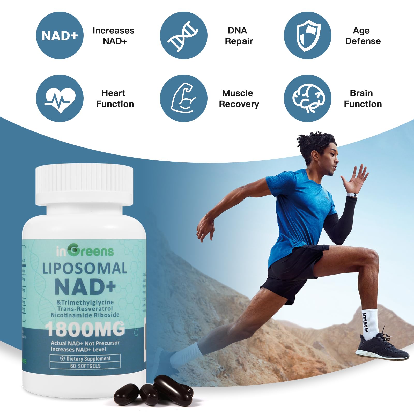 inGreens Liposomal NAD+ Supplement 1800 mg with Nicotinamide Riboside, Trans Resveratrol, Trimethylglycine，Replaces NMN, Boost NAD+, Aging Defense，Cellular Energy, 120 Softgels inGreens uk supplements