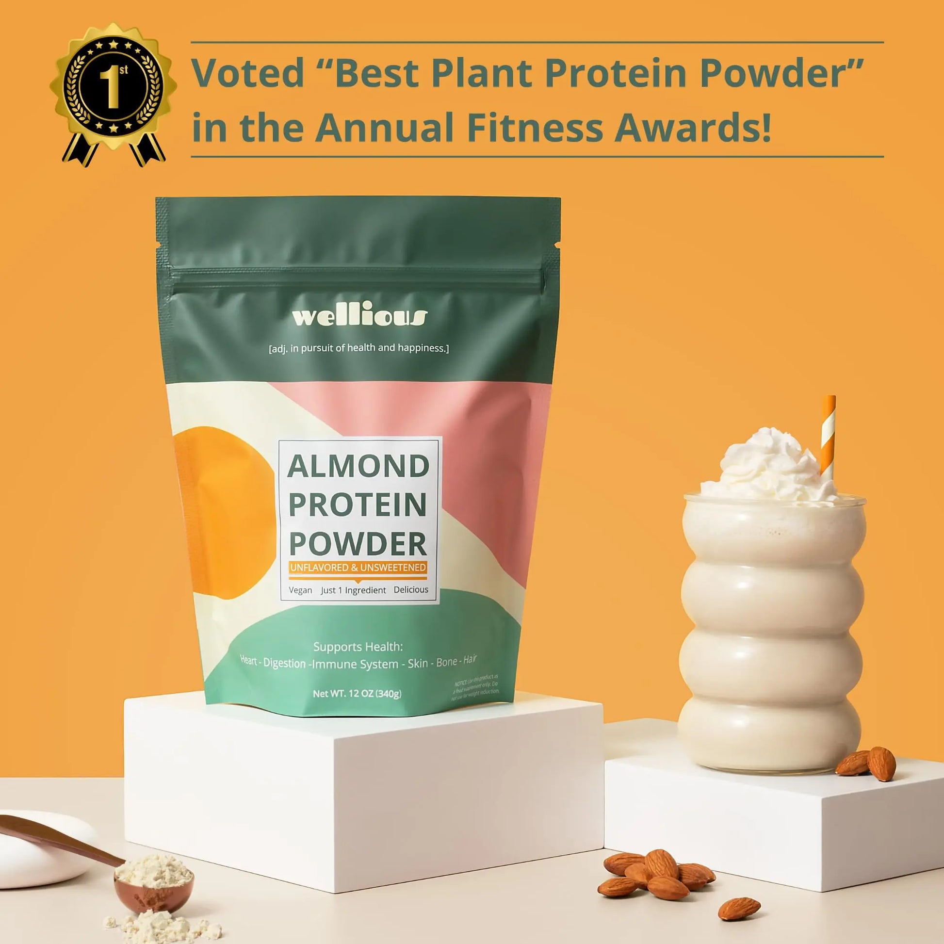wellious Almond Protein Powder (Unflavored, Unsweetened) - 18 Grams of Pure Healthiest Vegan Protein for Women & Men | Soy-Free & Gut Friendly Protein wellious uk supplements