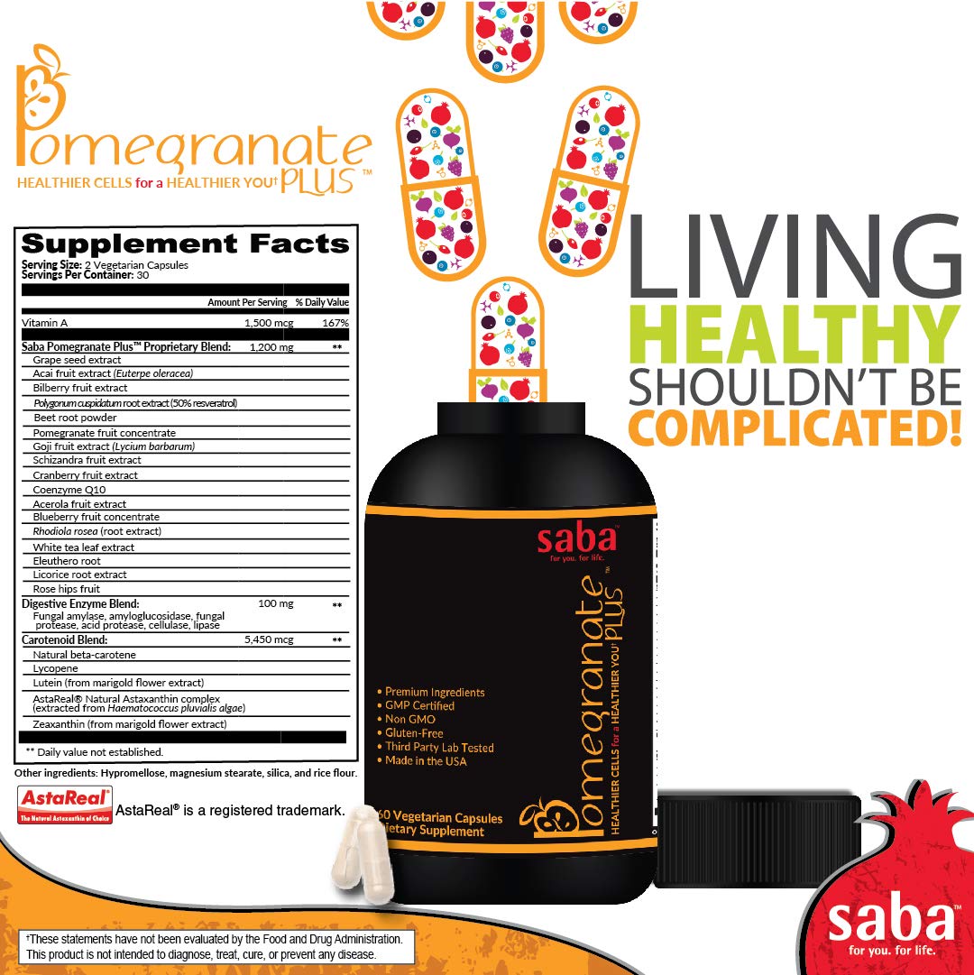 Saba Pomegranate Plus – Antioxidant Supplement with Astaxanthin & Adaptogens | Immune, Skin, Heart & Brain Support | Daily Stress & Cellular Wellness | 60 Capsules Saba uk supplements