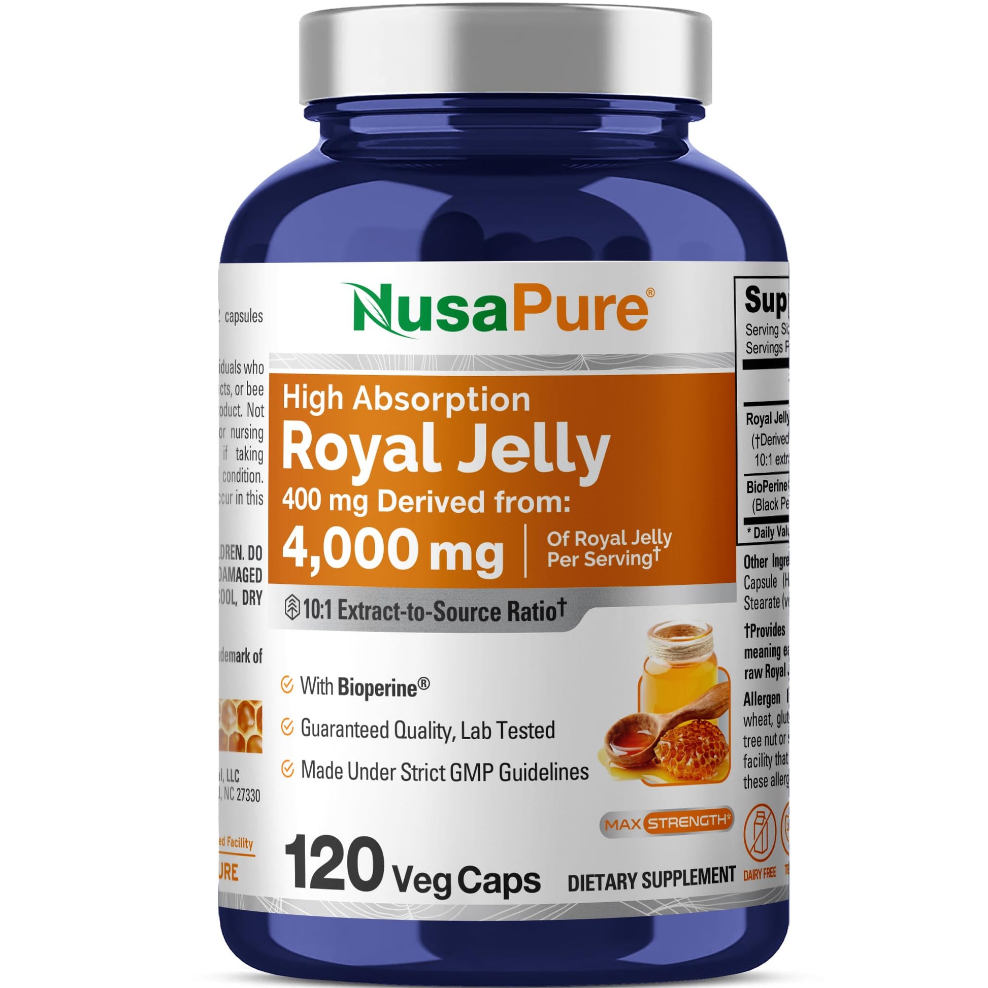NusaPure Royal Jelly 10:1 Extract, 400 mg Equivalent to 4000mg - 120 Veggie Capsules (Non-GMO, Dairy Free, Dietary Supplement) NusaPure uk supplements