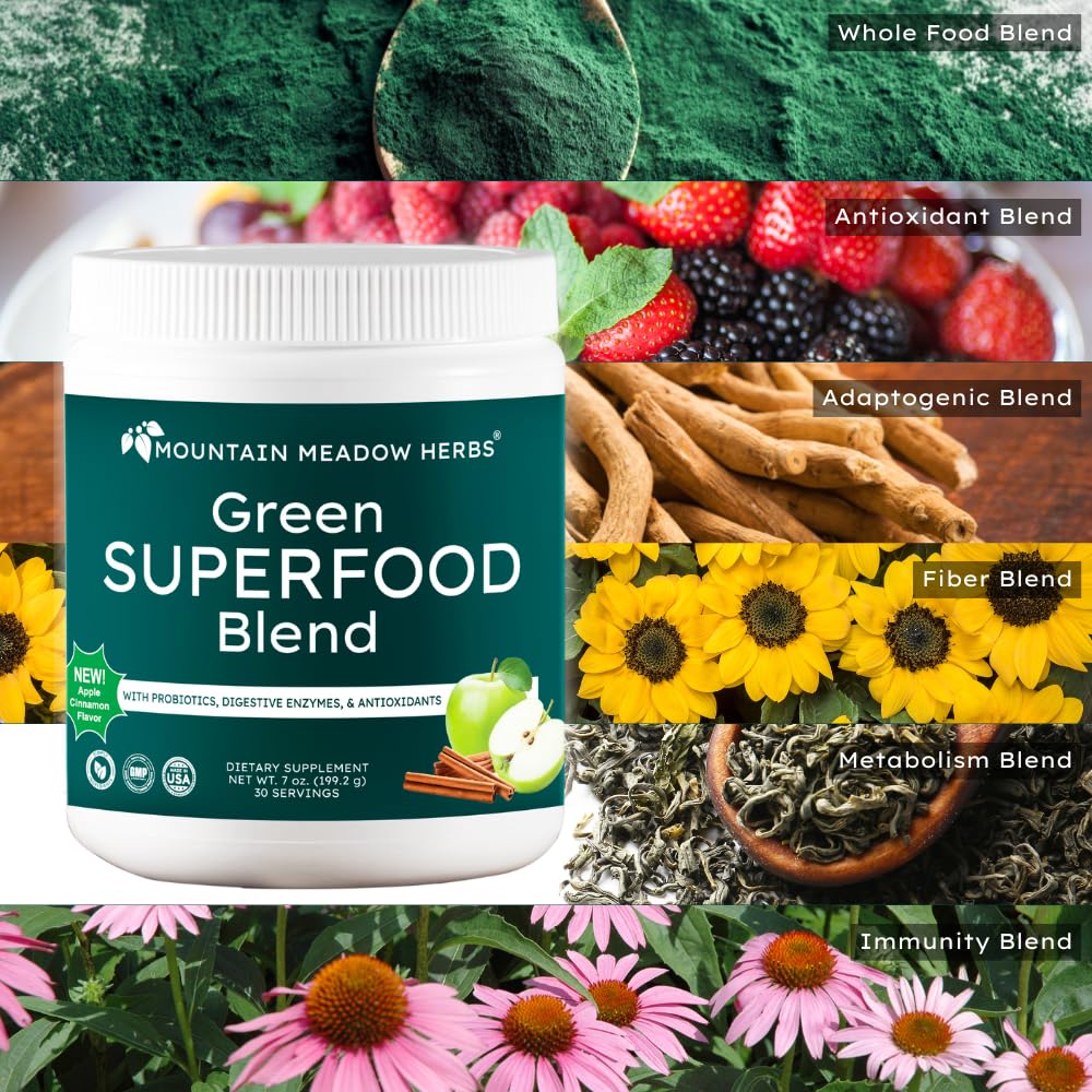 Mountain Meadow Herbs Green Superfood Blend – Spirulina, Chlorella, Mushrooms, Probiotics, Digestive Enzymes, Antioxidants – Organic Greens Powder for Energy & Gut Health – 30 Servings Mountain Meadow Herbs uk supplements