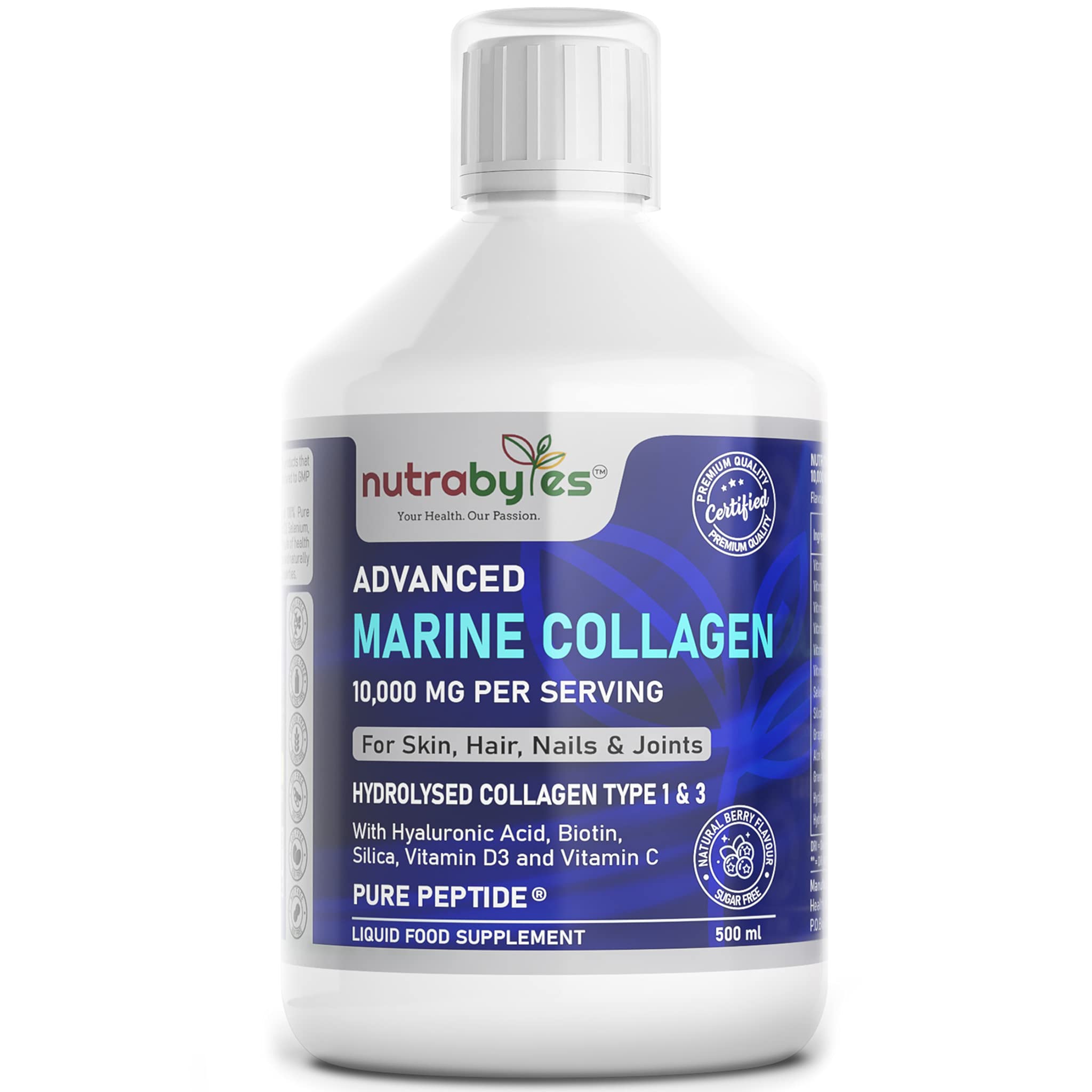 Marine Collagen Liquid 10000mg Sugar Free, Hydrolysed Peptides | Hyaluronic Acid, Biotin, Silica, Vitamin C, Vitamin D3 NUTRABYTES uk supplements