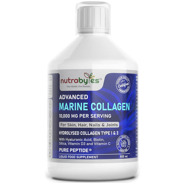 Marine Collagen Liquid 10000mg Sugar Free, Hydrolysed Peptides | Hyaluronic Acid, Biotin, Silica, Vitamin C, Vitamin D3 NUTRABYTES uk supplements