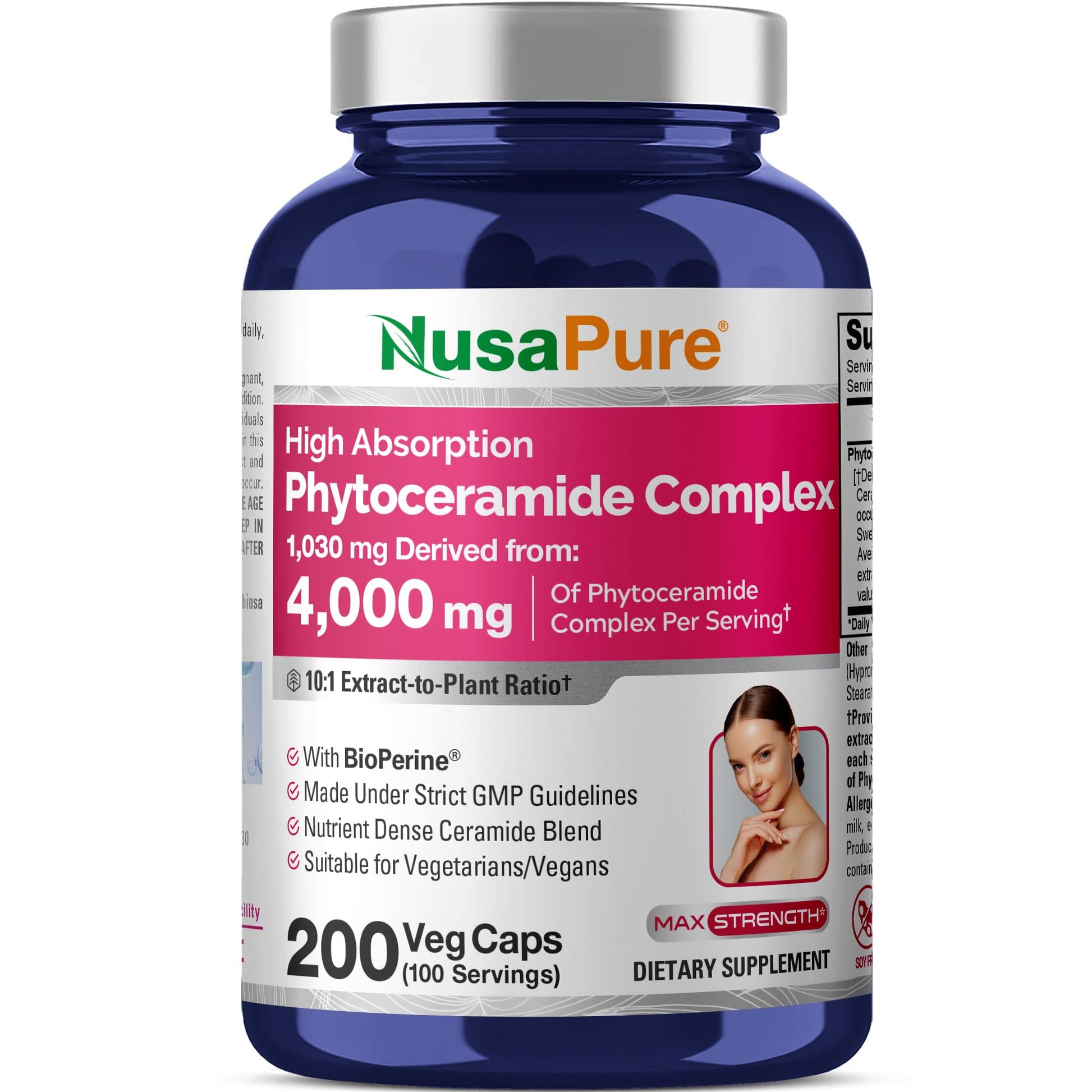 NusaPure Phytoceramide Complex 10:1 Extract, 1030 mg Equivalent to 4000 mg 200 Veggie Capsules (Non-GMO) Bioperine NusaPure uk supplements
