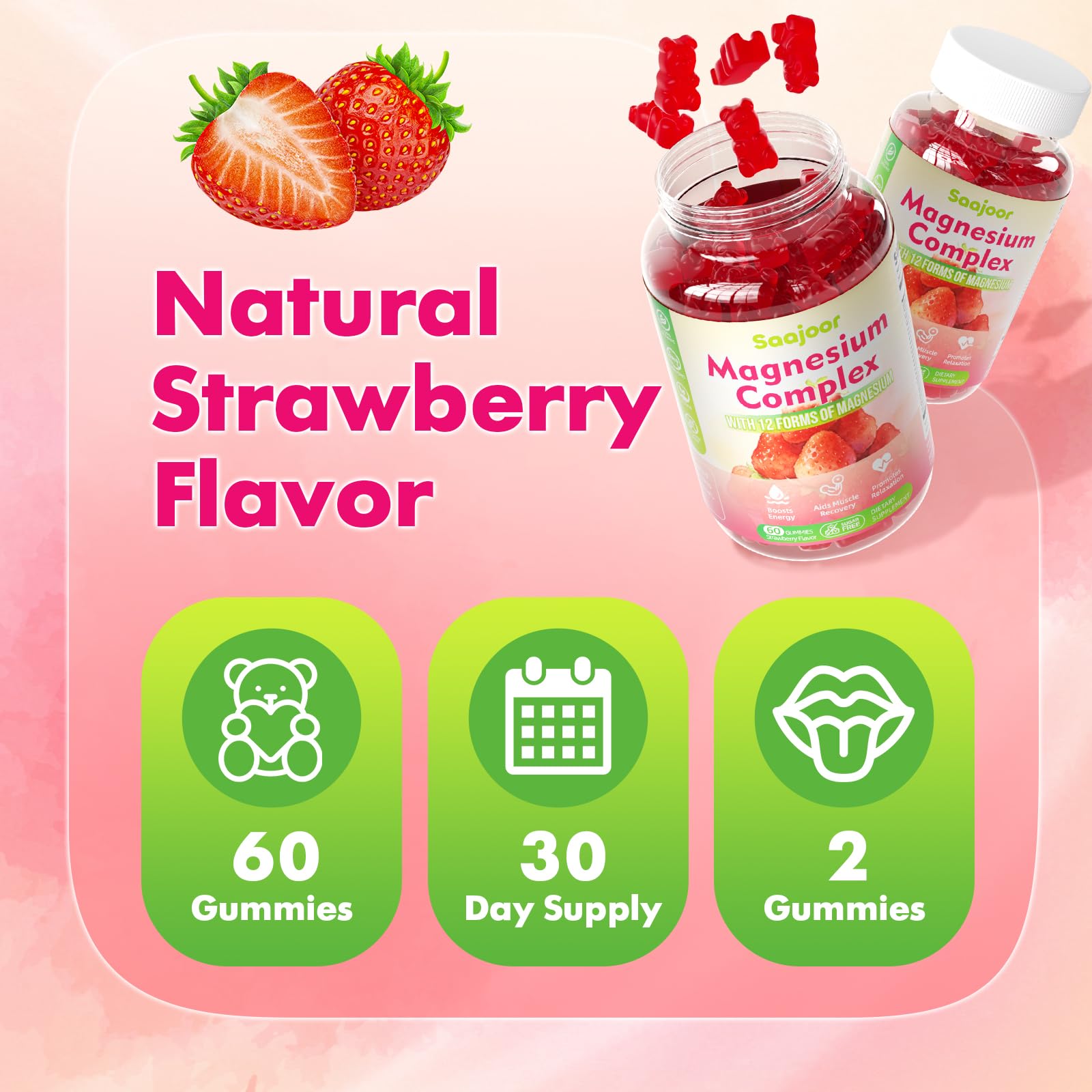 Magnesium Complex Gummies – with 12 Forms of Magnesium (Citrate, Glycinate, Malate, Oxide, and More) Plus Vitamins B6, B12, and C. for Women and Men – Strawberry Flavor, 60 Count Saajoor uk supplements