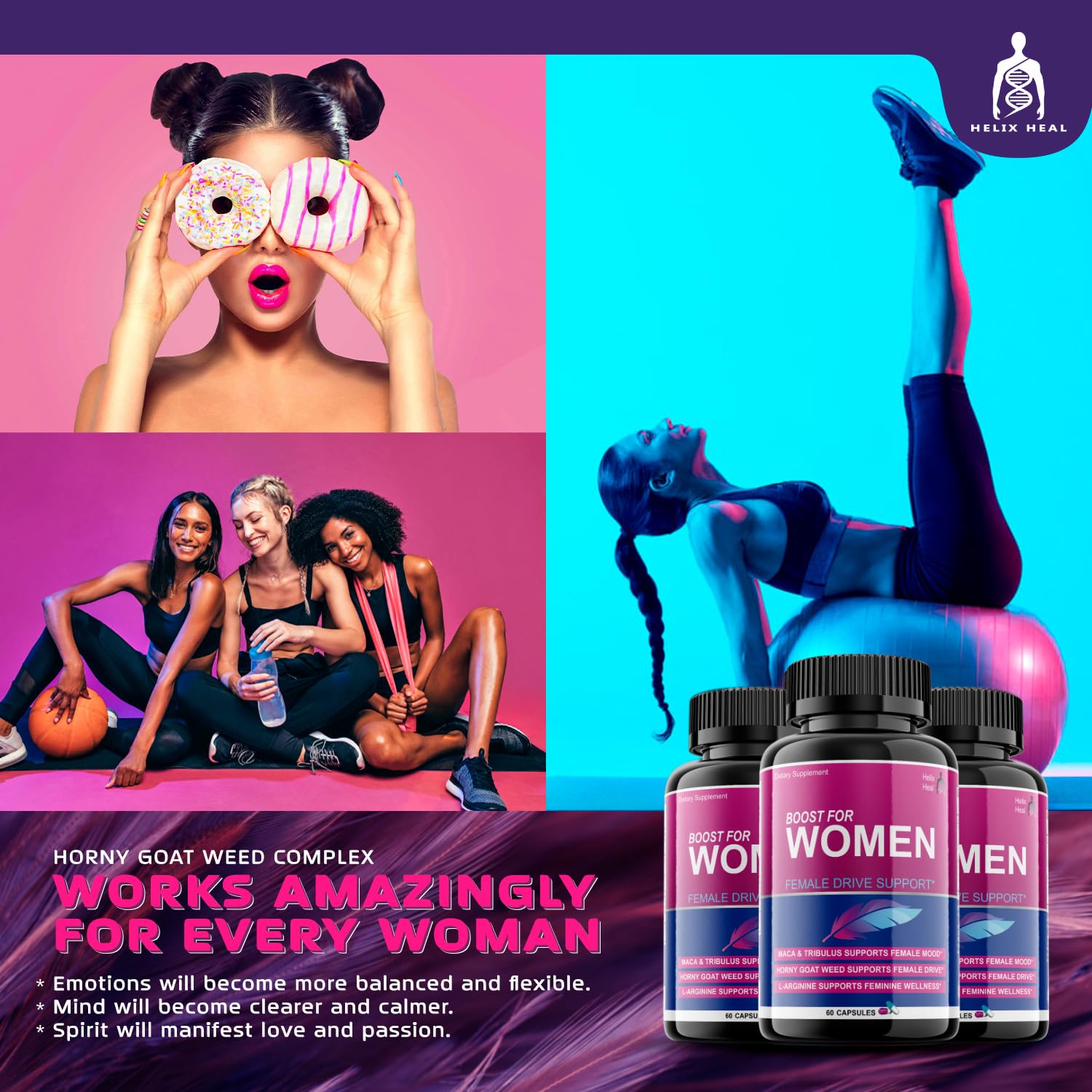Helix Heal Libido Booster for Women Fast Acting with Horny Goat Weed - Female Desire Pills with Maca Root, Tribulus Terrestris, Ginseng and Hornygoatweed Women - Hormone Balance, Made in USA (60 ct) Helix Heal uk supplements