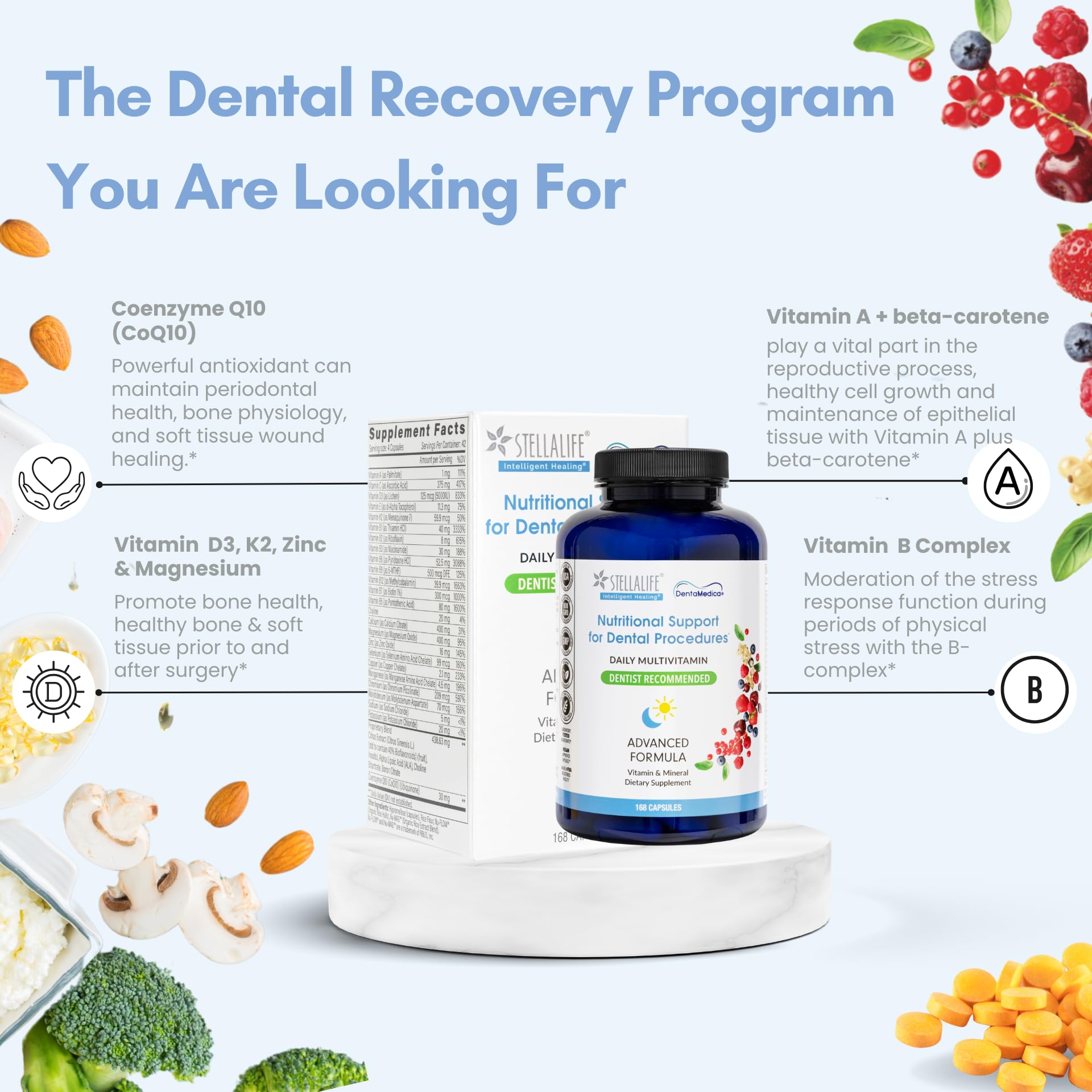 StellaLife DentaMedica Vegan Daily Multivitamin Nutritional Support for Faster Dental Surgery Recovery, VIT D3 K2 C B Zinc CoQ10 Magnesium, Healthy Bones & Gums, Non-GMO, GMP USA, 168 Capsules StellaLife uk supplements