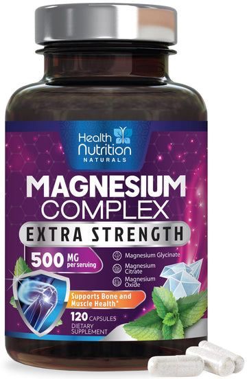 Magnesium Complex Capsules - 500mg per Serving Magnesium - High Absorption Chelated Mineral Supplement - with Oxide, Glycinate, Malate, Citrate for Muscle Bone and Heart Health Support - 120 Capsules Health Nutrition Naturals uk supplements