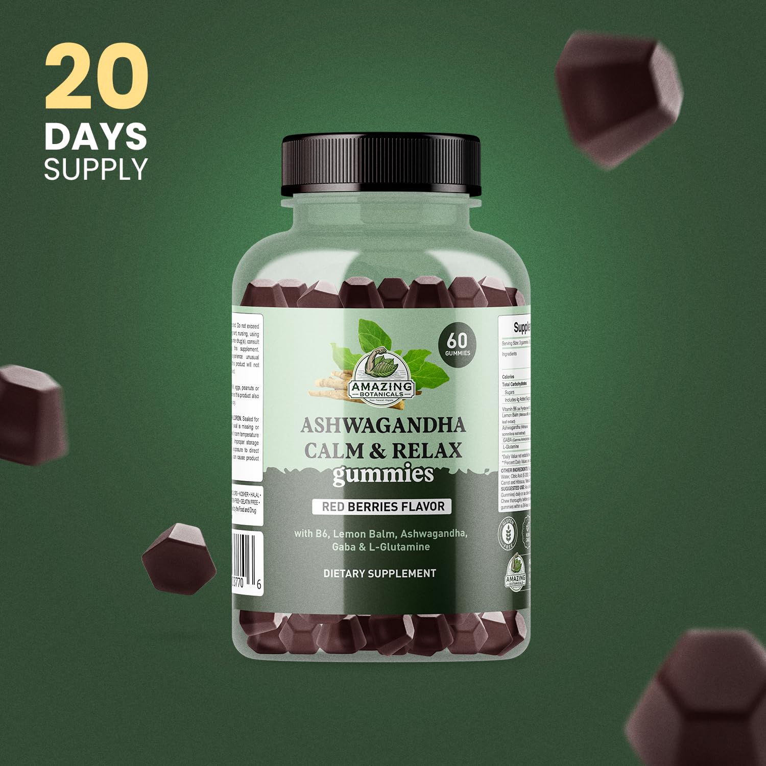 Ashwagandha Calm & Relax Gummies with Vitamin B6, Lemon Balm, GABA & L-Glutamine – 60 Gummies – Red Berries Flavor – Improve Sleep, Stress Relief & Mood – Vegan, Gluten-Free, Non-GMO Amazing Botanicals uk supplements