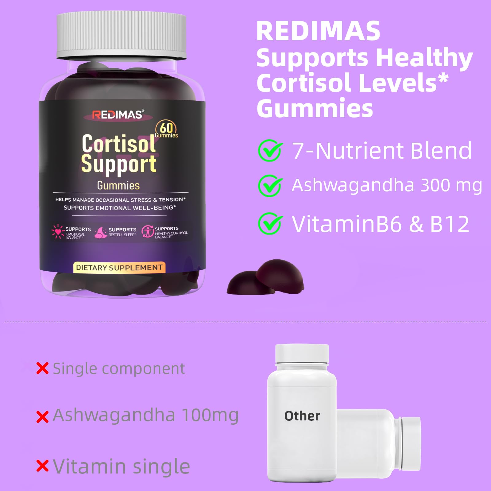 Redimas Cortisol Gummies for Women & Men with Ashwagandha, Magnesium, L-Theanine and Multivitamin, Vegan Chewable Gummies for Daily Lifestyle Balance, Convenient Adult Supplement, 60 Count Redimas uk supplements