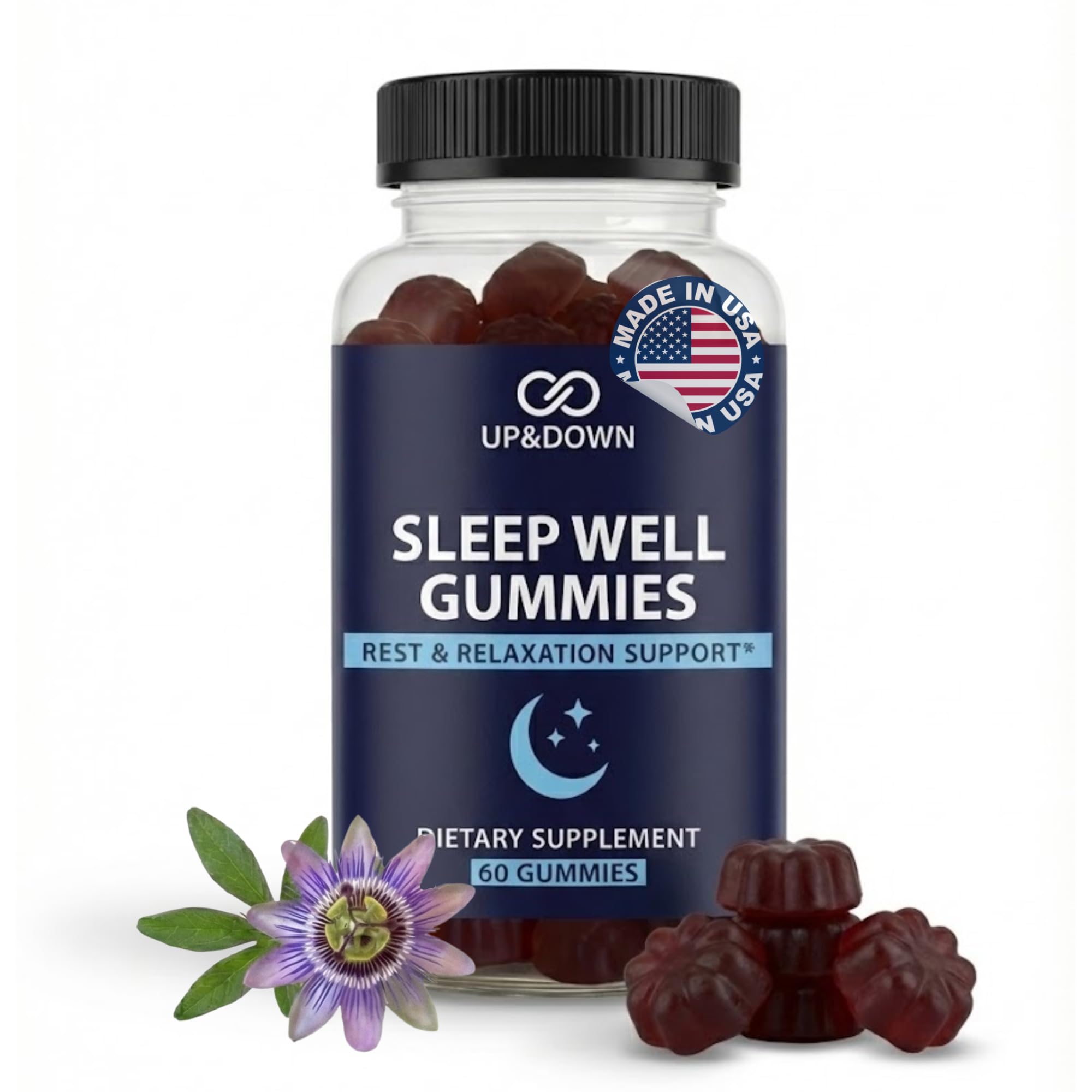 Up&Down Supplements Sleep Well Gummies | Deeper Sleep, Relaxation, Rest & Recovery Support | Melatonin, Vitamin B6 & Passionflower | Made in USA | Vegan, Non-GMO, Gluten Free | 60 Sleep Gummies Up&Down Supplements uk supplements