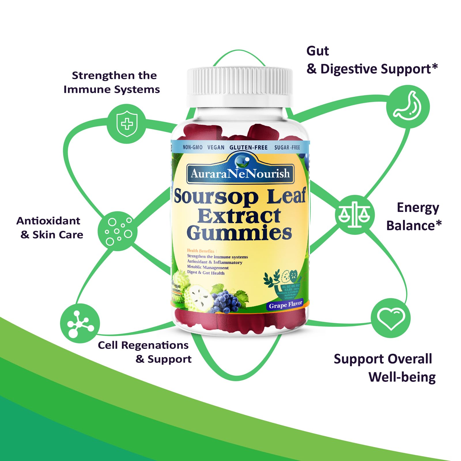 AuraraNeNourish Sugar Free Soursop Gummies with Probiotics & Fiber 100 Billion CFUs, Organic Soursop Leave Extract with Vitamin C B-Complex for Digestive Gut Health, Energy Balance, Immune Boost AuraraNeNourish uk supplements