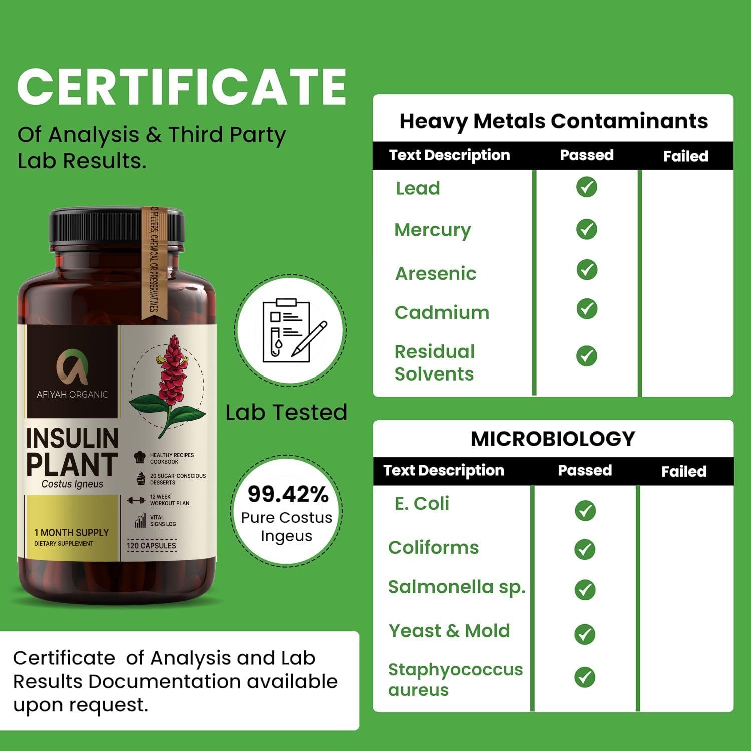 Afiyah Organic - Premium Quality Costus Igneus (Insulin Plant) Capsules - Easy to Swallow 120 Veggie Capsules (1 Month Supply) - Made in the USA - Including Complete Health Support Program Afiyah Organic uk supplements