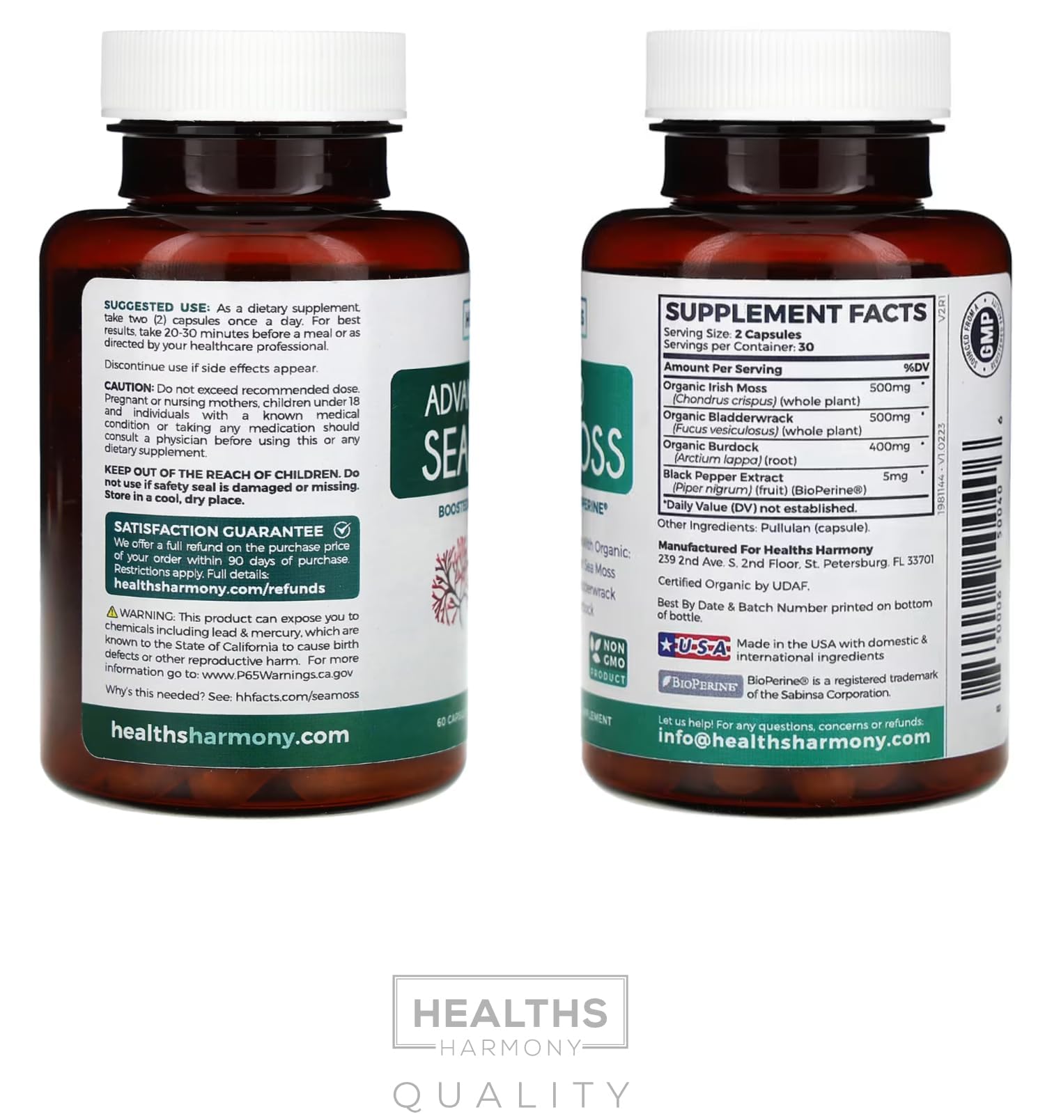 Organic Irish Sea Moss Capsules - Organic Sea Moss Capsules with Bladderwrack Burdock Root and Black Pepper Extract for Enhanced Absorption - Vegan Non-GMO & Made in the USA (1 Month Supply) Healths Harmony uk supplements