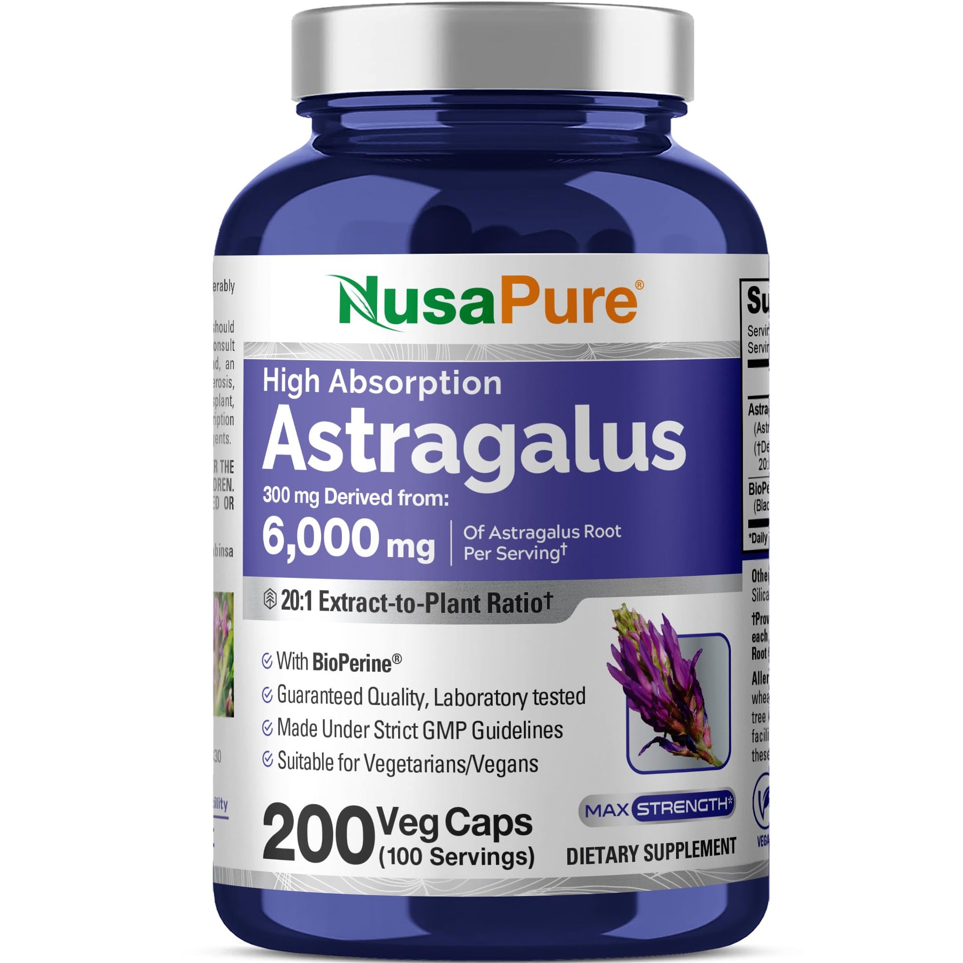 NusaPure Astragalus 20:1 Extract, 300 mg Equivalent to 6,000mg Per Serving, 200 Veggie Capsules, Vegan, Non-GMO & Bioperine NusaPure uk supplements