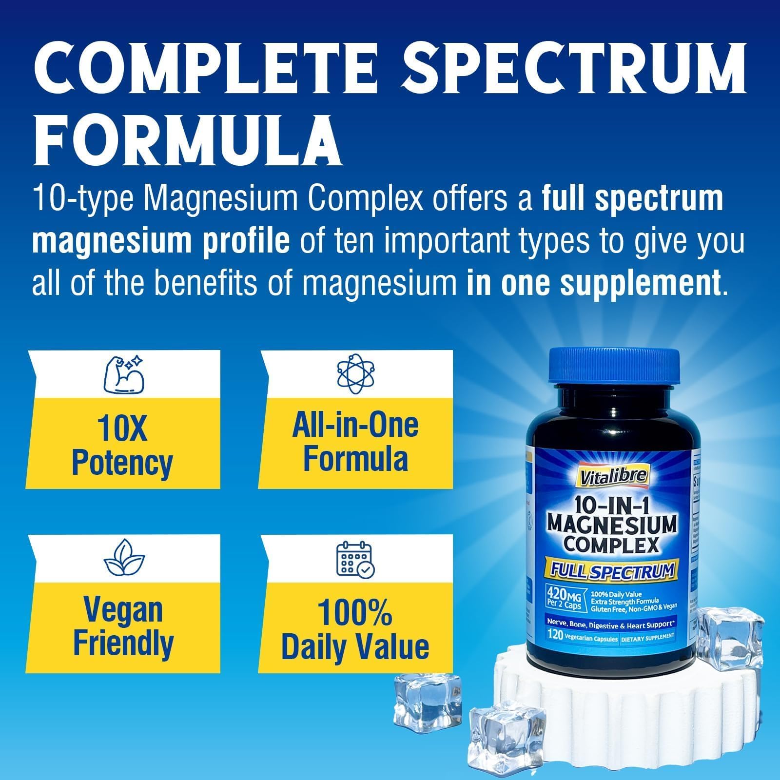 Vitalibre 10 in 1 Magnesium Complex, 420mg Elemental Magnesium | Ultra Strength, Max Absorption | Chelated Magnesium Supplement for Nerves, Bone & Heart Health | Non-GMO, 120 Vegan Capsules Vitalibre uk supplements