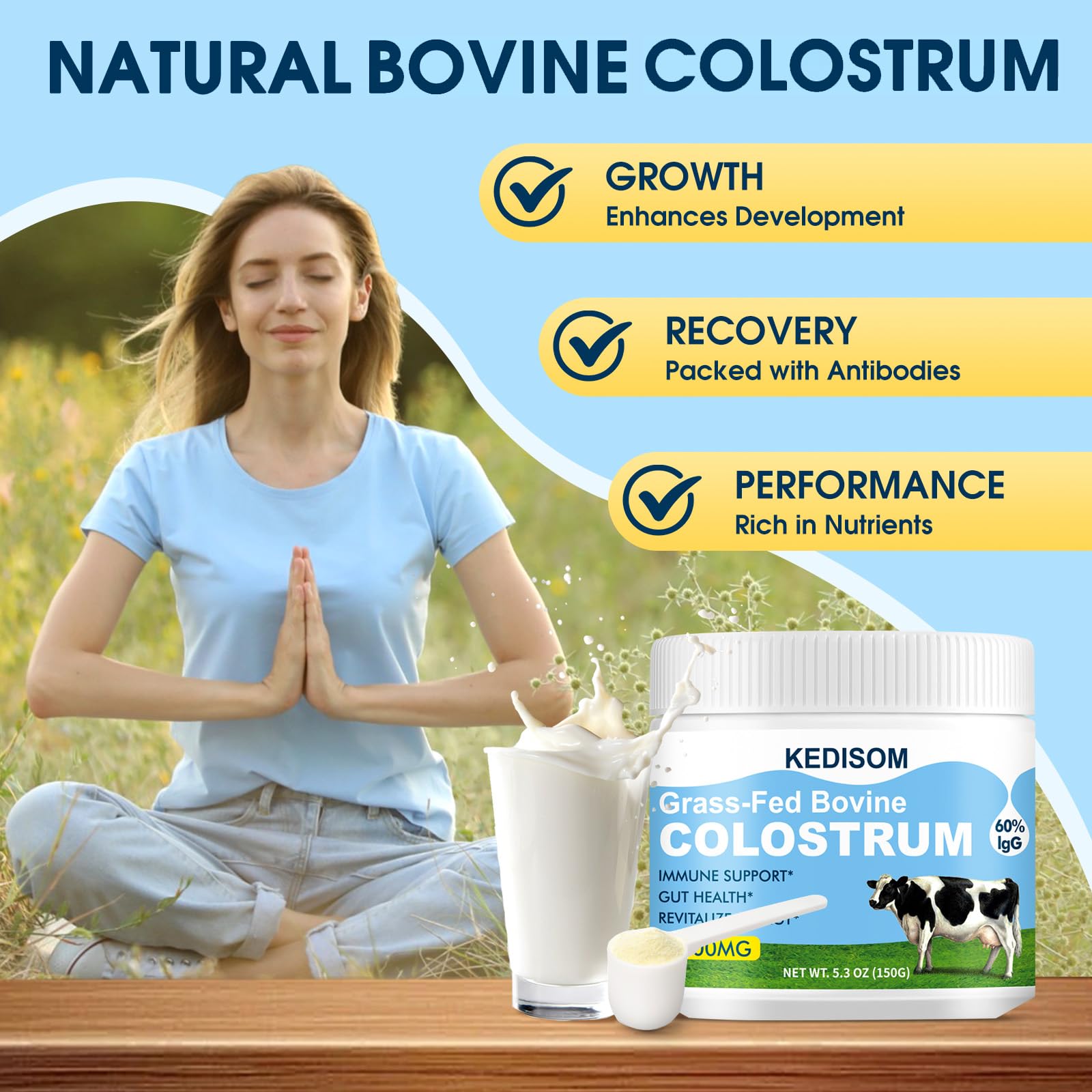 KEDISOM Grass-Fed Bovine Colostrum Supplement Powder - 60% High IgG 3000 mg for Gut Health, Immune Support - Easy to Mix Natural Liposomal Colostrum Superfood, Unflavored, 50 Servings KEDISOM uk supplements