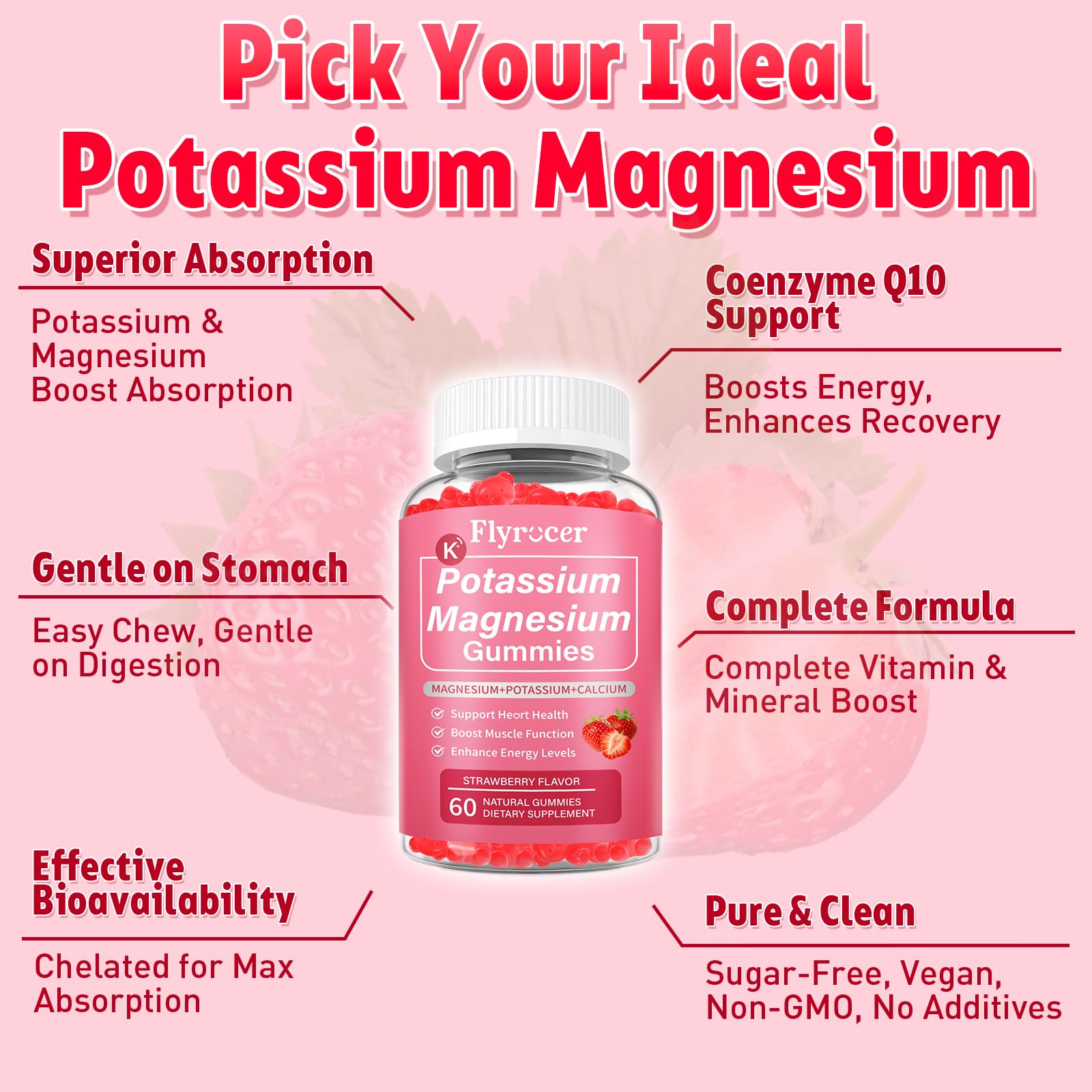 2 Pack Potassium Magnesium Gummies for Men & Women, Potassium Magnesium Supplement for Leg Cramps, Muscle Health, & Electrolyte Balance, Strawberry Flavor, 120 Gummies Flyrocer uk supplements