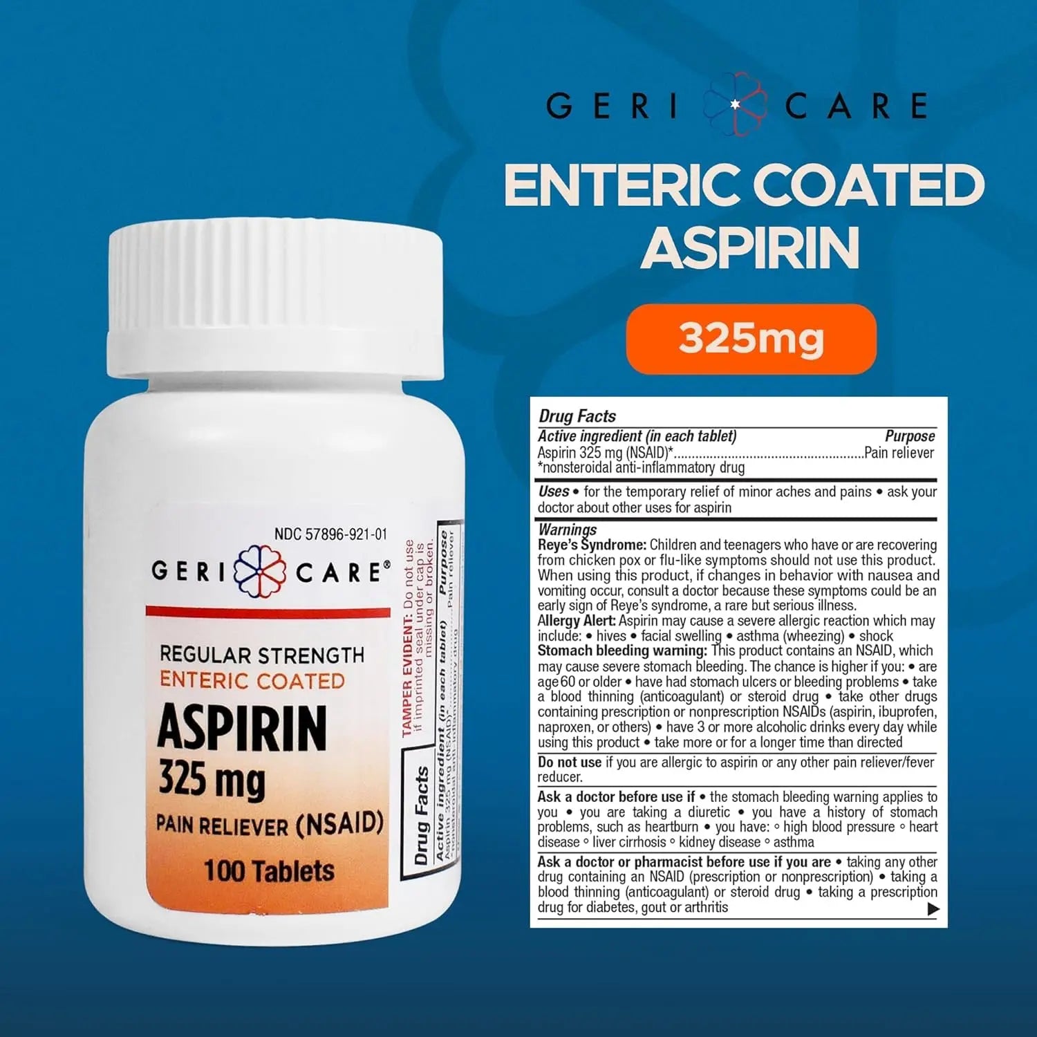 Enteric Coated Aspirin Tablets 325mg (100 Count) by GeriCare- NSAID Pain Reliever & Fever Reducer Coated Aspirin for Adults- Regular Strength Aspirin for Headache Arthritis Menstrual & Muscle Pain GeriCare uk supplements