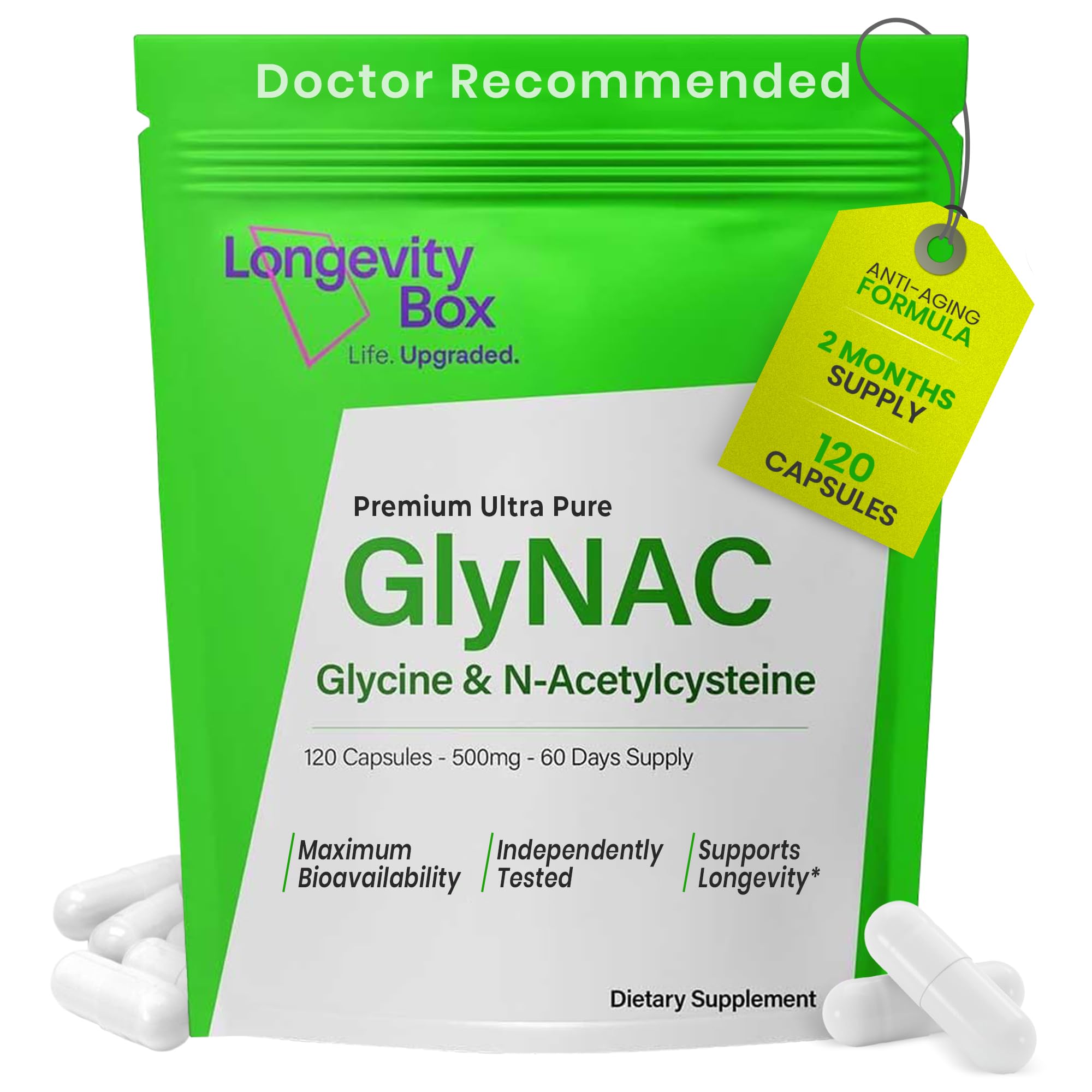 Longevity Box Ultra Pure GlyNAC Supplement 1000mg (500mg Glycine + 500mg N-Acetyl Cysteine) - Glutathione Precursor for Healthy Aging, Energy & Cellular Protection - 120 Vegan Capsules Longevity Box uk supplements