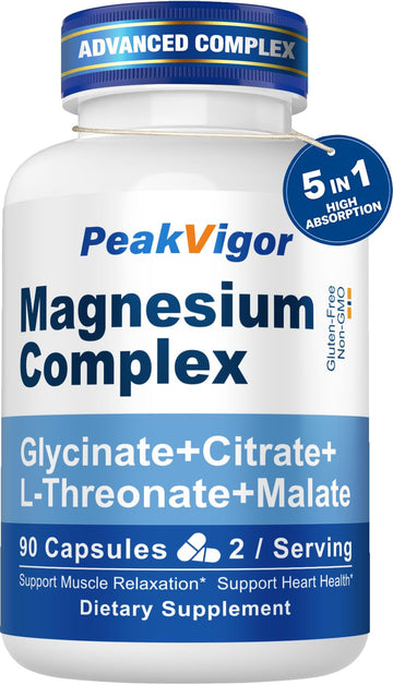 5 in 1 Magnesium Complex, 976mg Complex with Magnesium Glycinate, Citrate, Malate & L-Threonate, Vitamin B6 for High Absorption, Third Party Tested, Gluten-Free, Easy-Swallow Vegan Capsule PeakVigor uk supplements