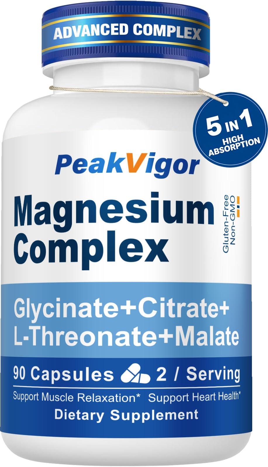 5 in 1 Magnesium Complex, 976mg Complex with Magnesium Glycinate, Citrate, Malate & L-Threonate, Vitamin B6 for High Absorption, Third Party Tested, Gluten-Free, Easy-Swallow Vegan Capsule PeakVigor uk supplements