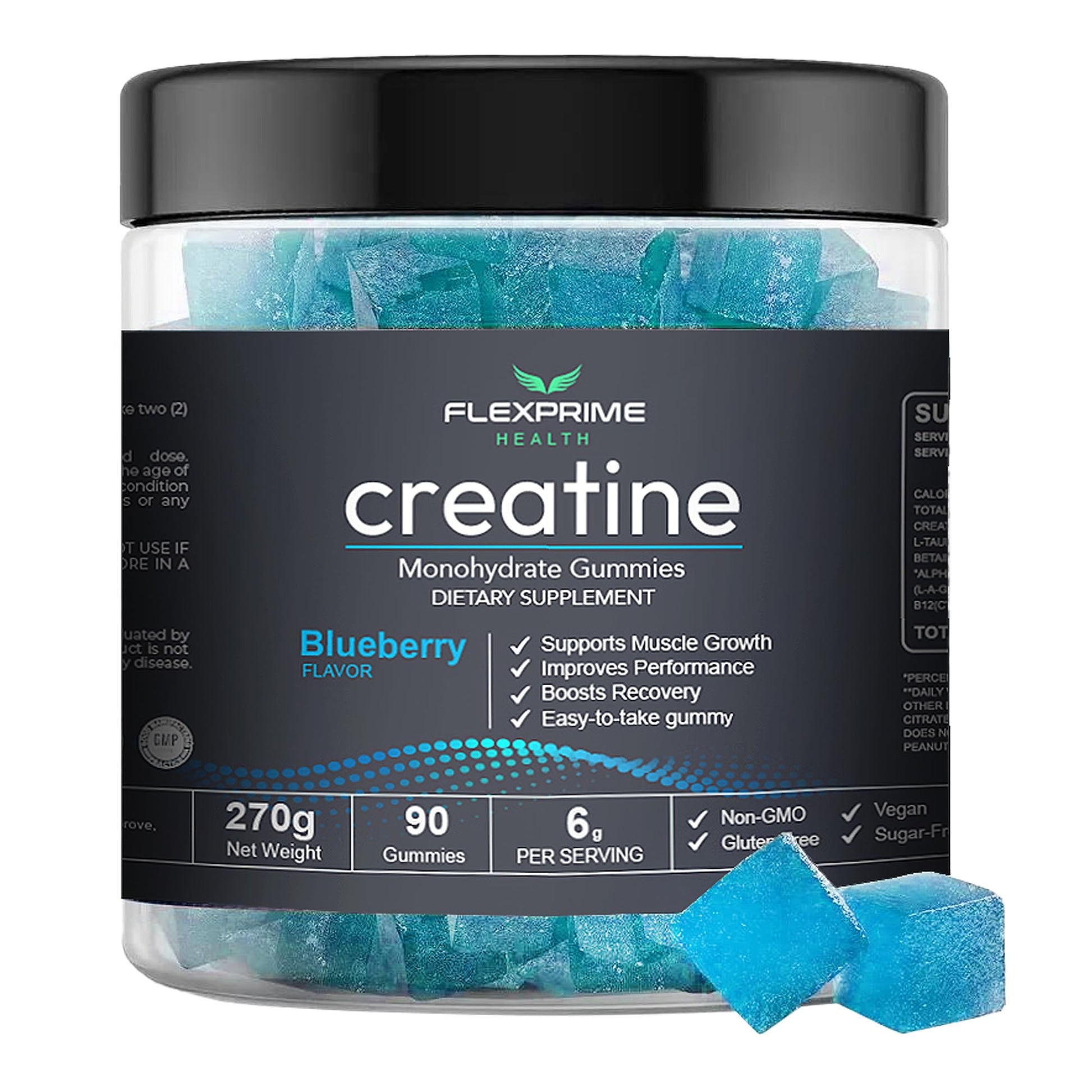 FlexPrime Creatine Gummies Sugar Free - 6g Creatine Monohydrate + L-Taurine, Alpha GPC, Betaine | Vegan Halal Blueberry Chews for Lean Muscle, Strength, Brain Health | Men Women 90 Count FlexPrime uk supplements