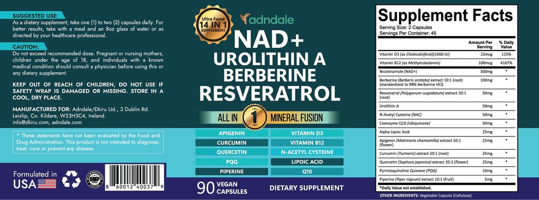 Adndale NAD Supplement. Longevity Formula with Liposomal NAD+, Trans Resveratrol, Urolithin-A, Berberine, CoQ10. NMN Supplement Alternative. 90 Count Adndale uk supplements