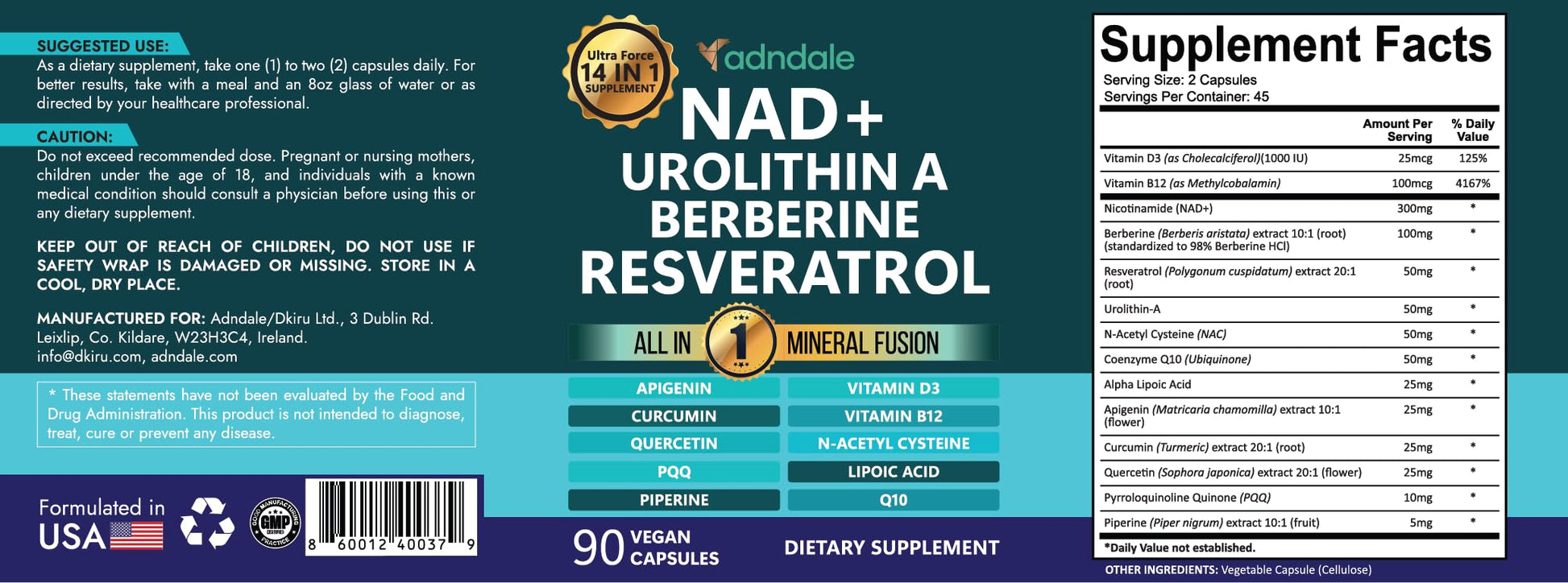 Adndale NAD Supplement. Longevity Formula with Liposomal NAD+, Trans Resveratrol, Urolithin-A, Berberine, CoQ10. NMN Supplement Alternative. 90 Count Adndale uk supplements