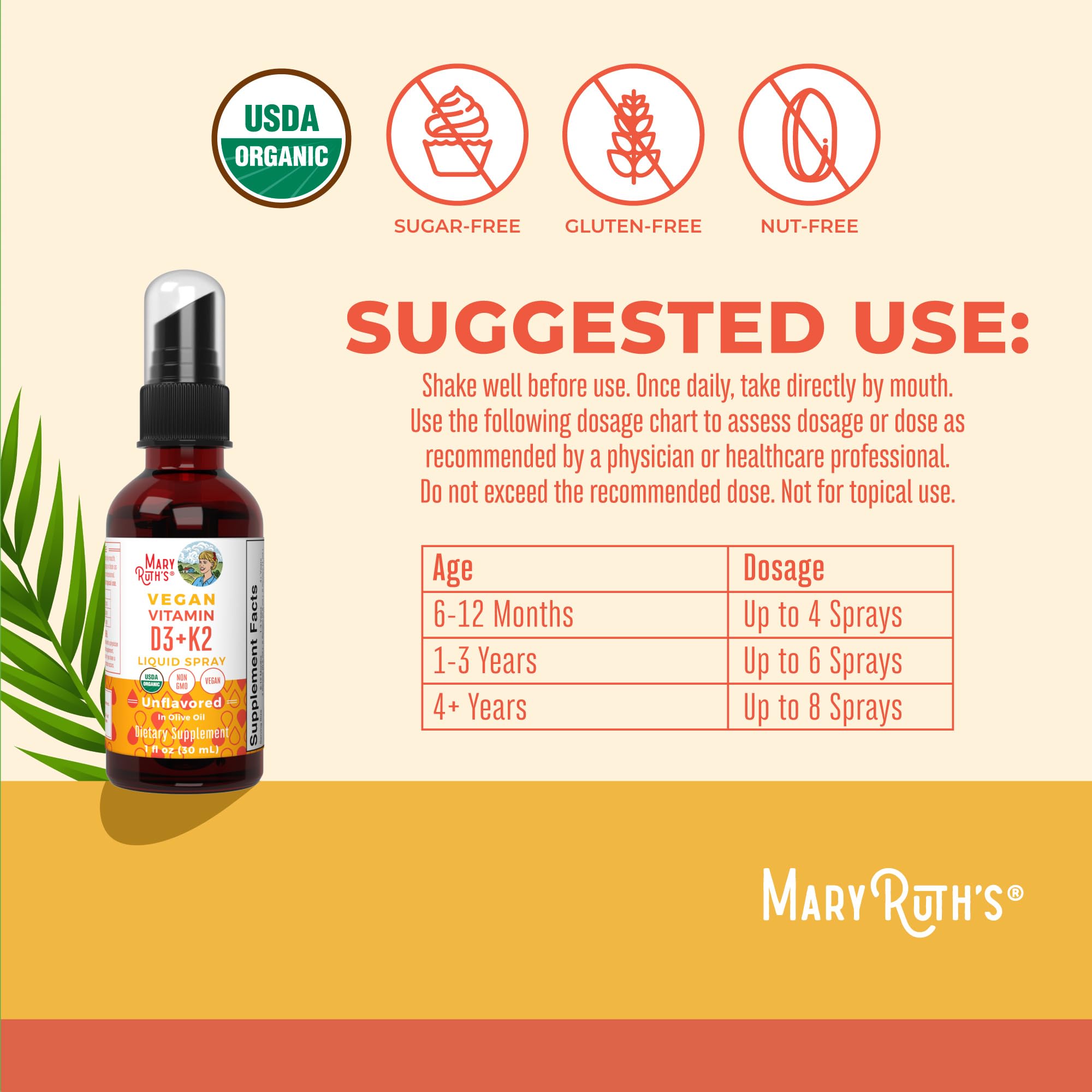 MaryRuth's Organic D3 + K2 Spray for Adults & Kids for Bone Health | Vitamin D3 as Cholecalciferol | Vitamin K2 | Immunity | Mineral Absorption | Heart Health | Vegan | Non-GMO | Gluten Free | 1 Fl Oz MARYRUTH'S uk supplements
