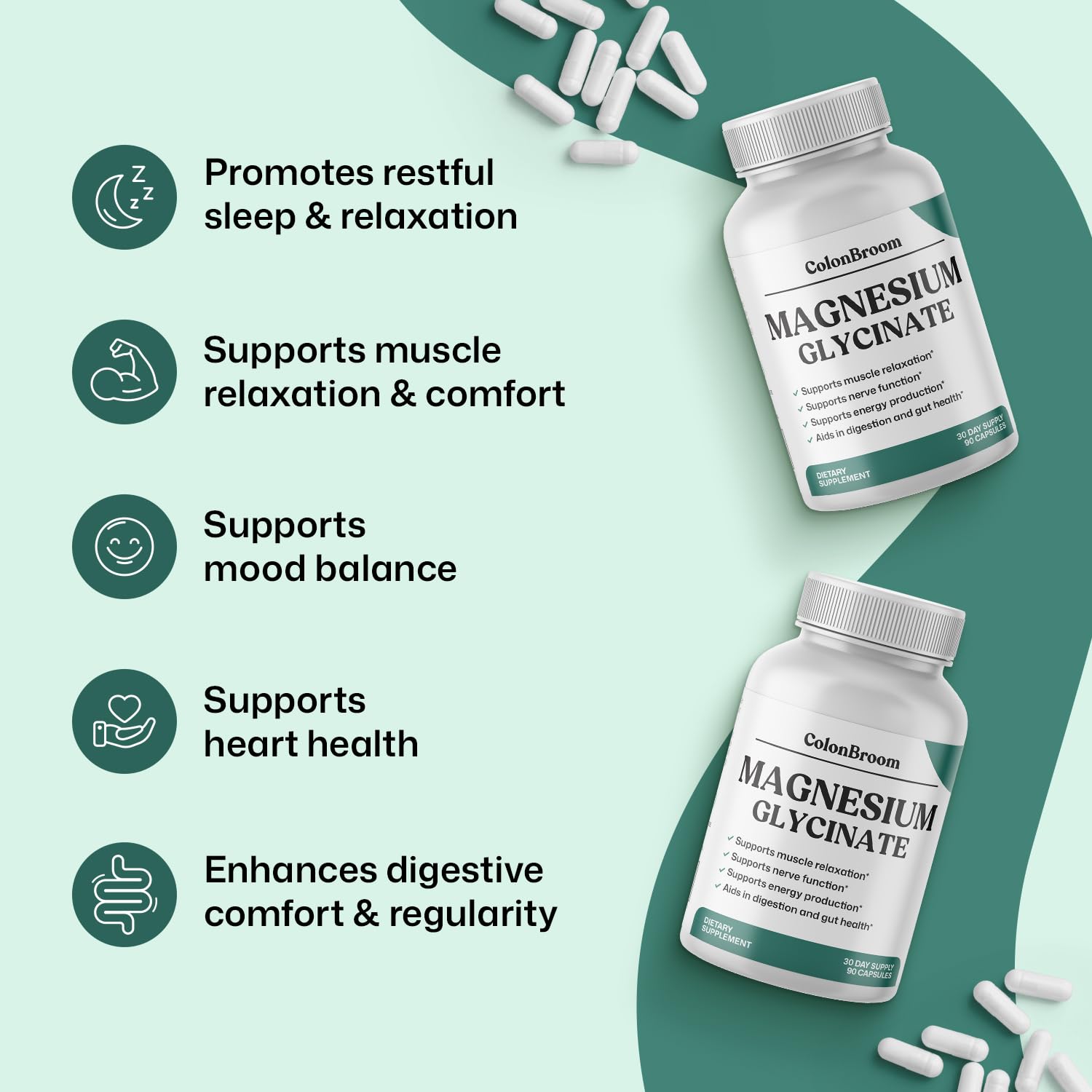 ColonBroom Pure Magnesium Glycinate Capsules | Supplement for Sleep, Heart & Muscle Support | Non-GMO, Gluten Free, Vegan & Sugar-Free | 1 Month Supply (90 Capsules) ColonBroom uk supplements