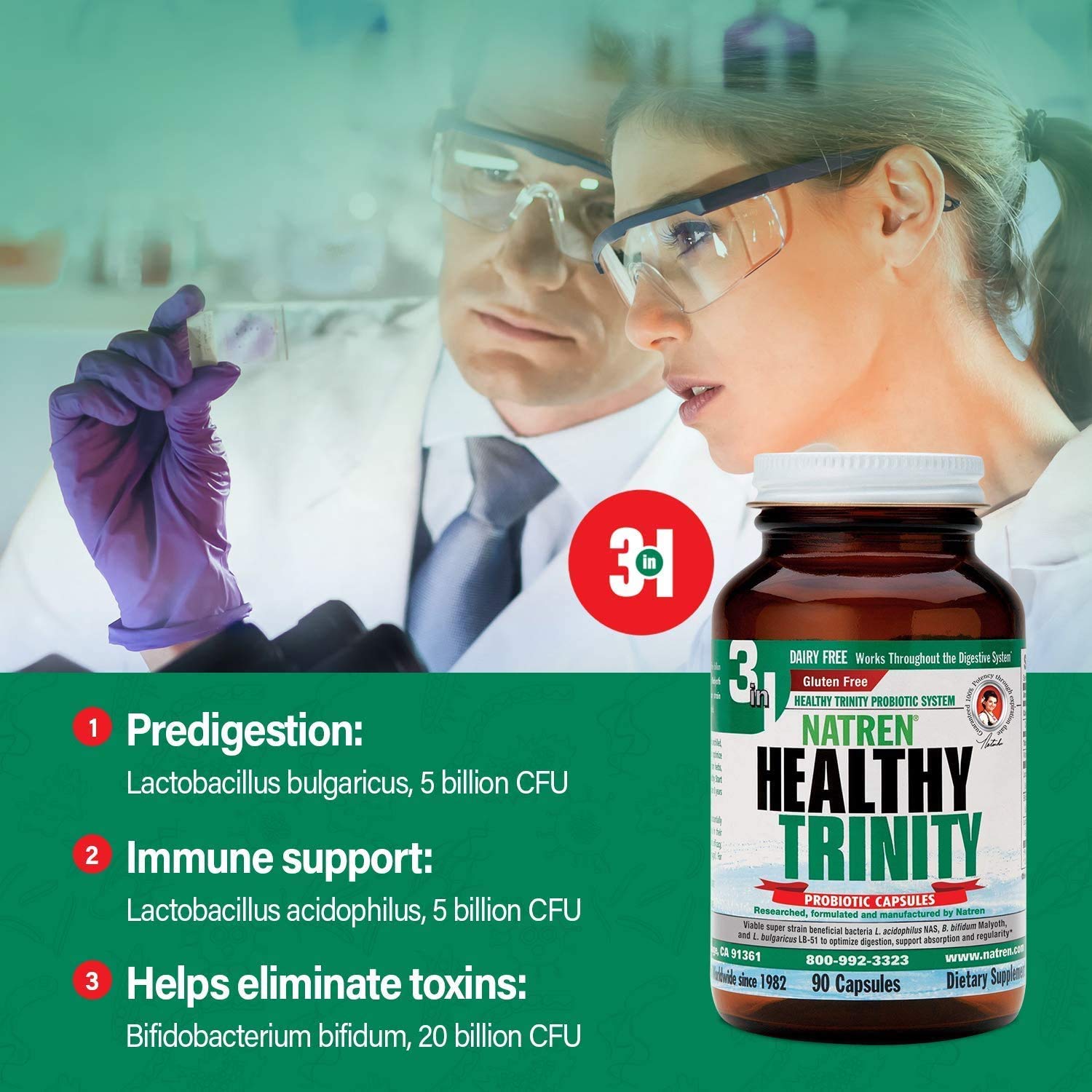 Natren Healthy Trinity Probiotics Supplement - 90 Dairy and Gluten Free Gel Capsules - Improve Gut and Digestive Health, 30 Billion CFU - Lactobacillus Acidophilus, Bifidobacterium, Bulgaricus Natren uk supplements