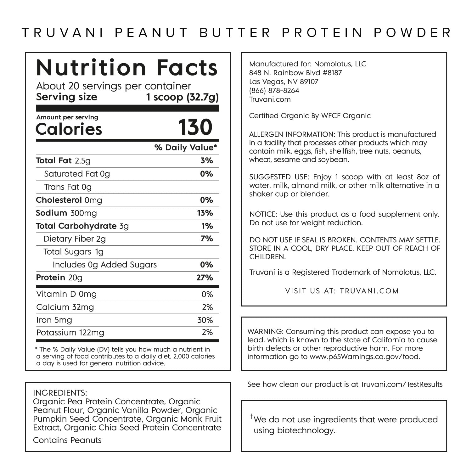 Truvani Organic Vegan Protein Powder Peanut Butter - 20g of Plant Based Protein, Powder Truvani uk supplements