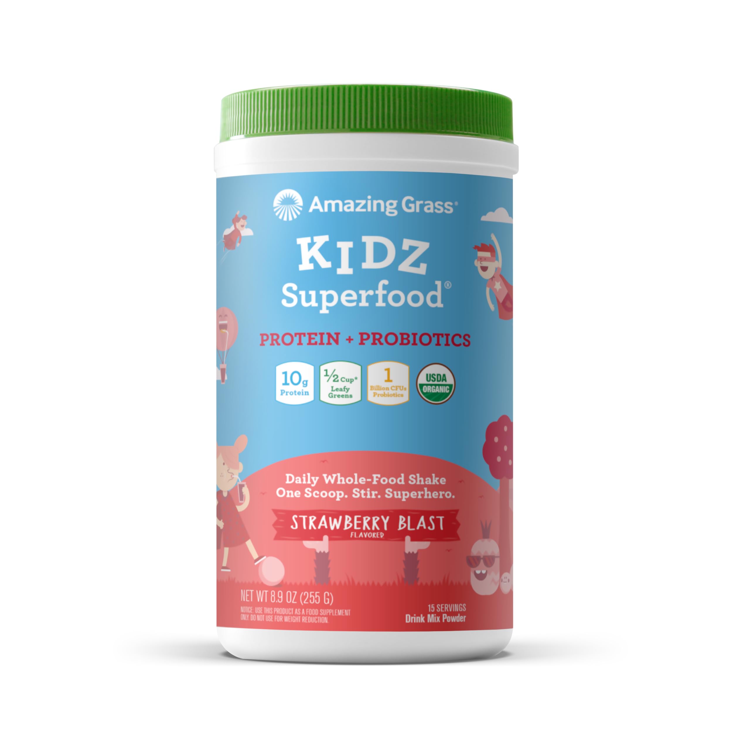 Amazing Grass Kidz Superfood: Vegan Protein & Probiotics for Kids with Beet Root Powder & 1/2 Cup of Leafy Greens, Strawberry Blast, 15 Servings Amazing Grass uk supplements