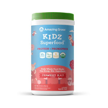 Amazing Grass Kidz Superfood: Vegan Protein & Probiotics for Kids with Beet Root Powder & 1/2 Cup of Leafy Greens, Strawberry Blast, 15 Servings Amazing Grass uk supplements