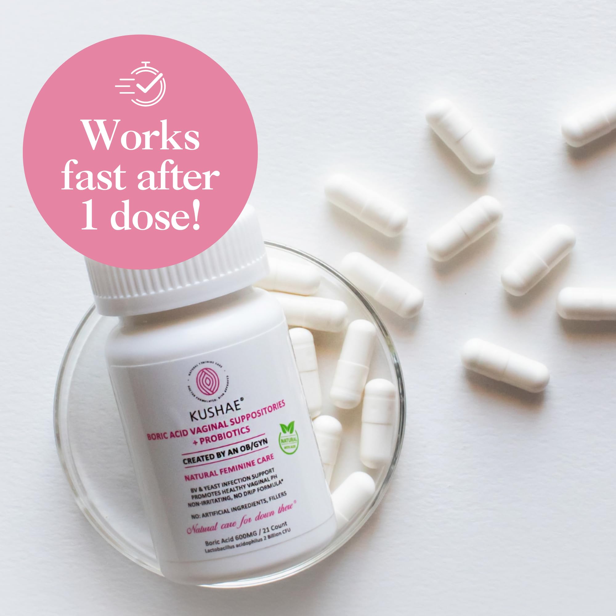 Kushae Boric Acid Suppositories + Rapid Relief, All Natural Female Suppositories with Probiotics & Aloe Vera, Relieves Discomfort & Balances pH Level Bottle Only 21 Capsules Kushae uk supplements