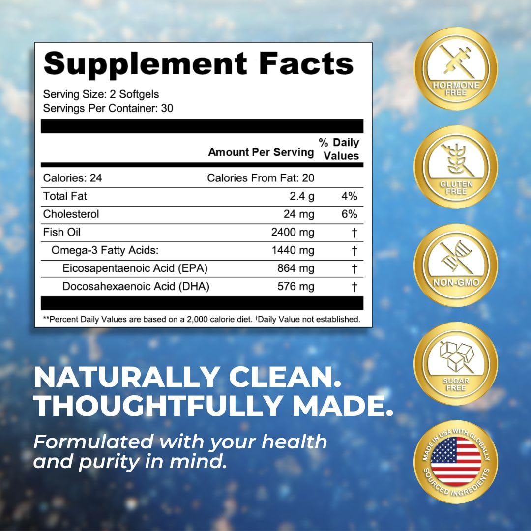 Vital Omega 3 Fish Oil Supplements 2400mg | 864mg EPA & 576mg DHA | 1440mg Total Omega-3 Fatty Acids | Promotes Brain & Heart Health | Non-GMO, Gluten-Free, Sugar-Free | Lemon | 60 Day Servings VITAL NUTRITIVE uk supplements