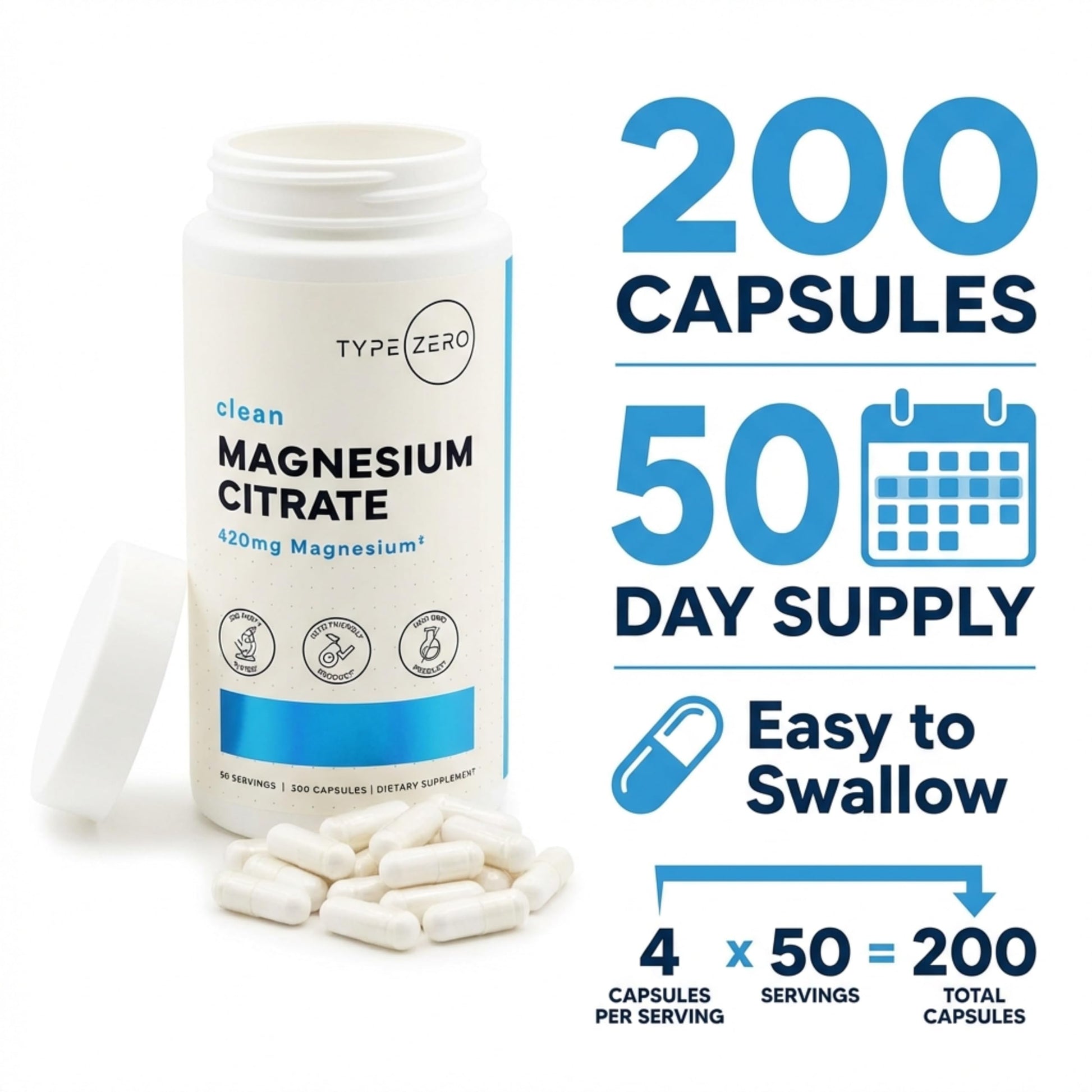 Type Zero Clean Magnesium Citrate Capsules (420mg Per Serving - 200 Capsules) Pure Magnesium Citrate Supplement, Non-GMO - Gluten Free, 50 Servings Type Zero uk supplements