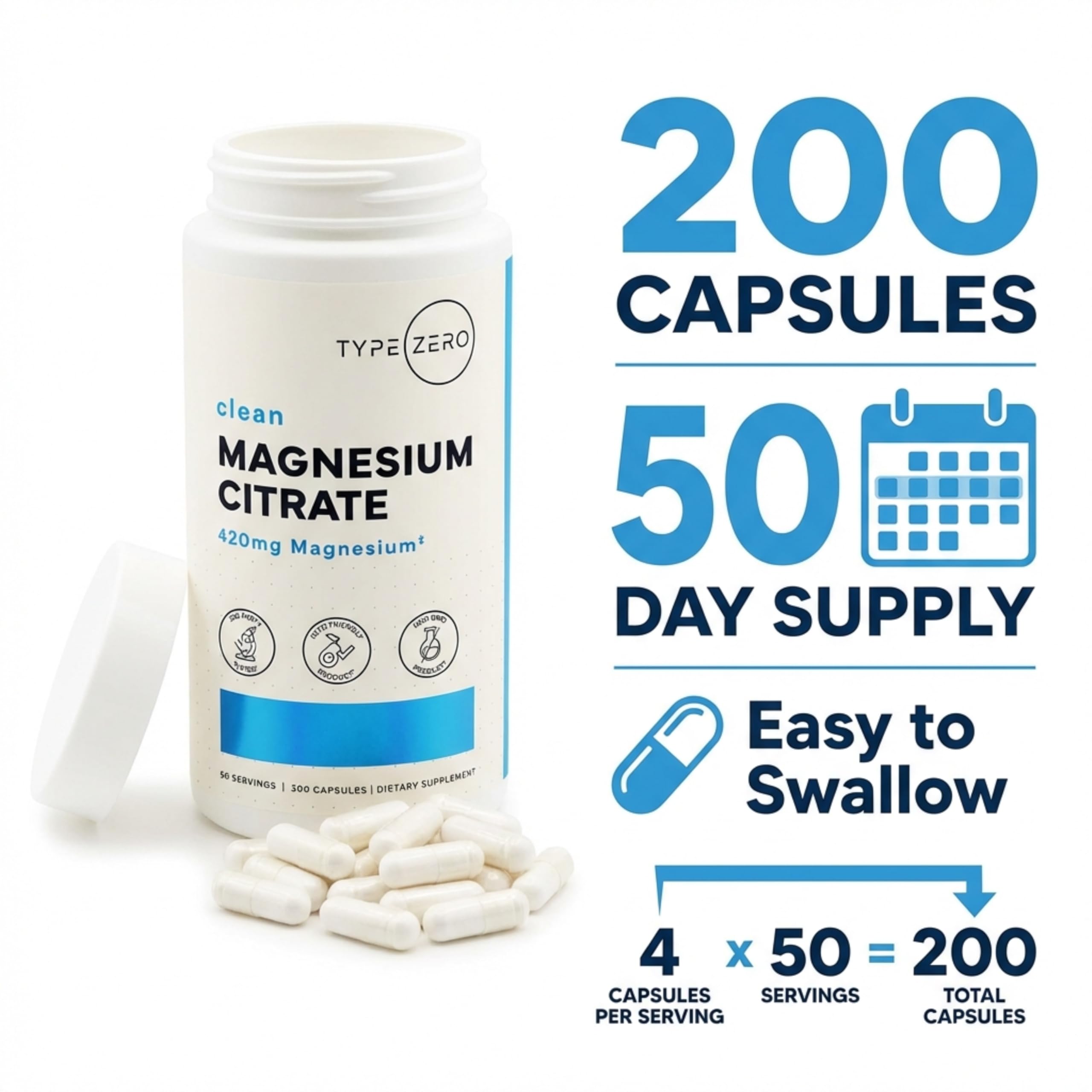 Type Zero Clean Magnesium Citrate Capsules (420mg Per Serving - 200 Capsules) Pure Magnesium Citrate Supplement, Non-GMO - Gluten Free, 50 Servings Type Zero uk supplements