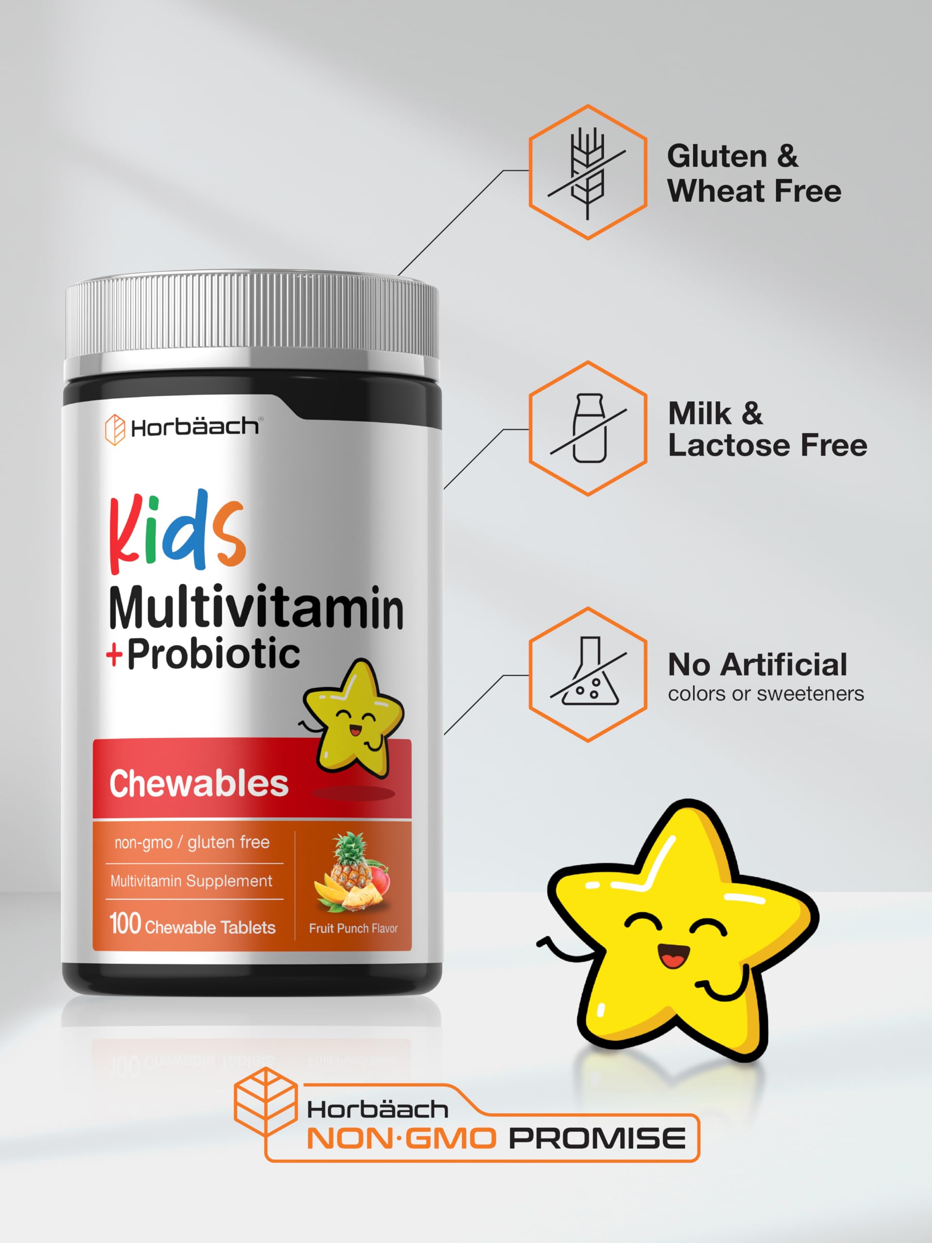 Horbäach Kids Multivitamin with Probiotics | 100 Chewable Tablets | Fruit Punch Flavor | Vegetarian, Non-GMO, Gluten Free Children's Supplement Horbäach uk supplements
