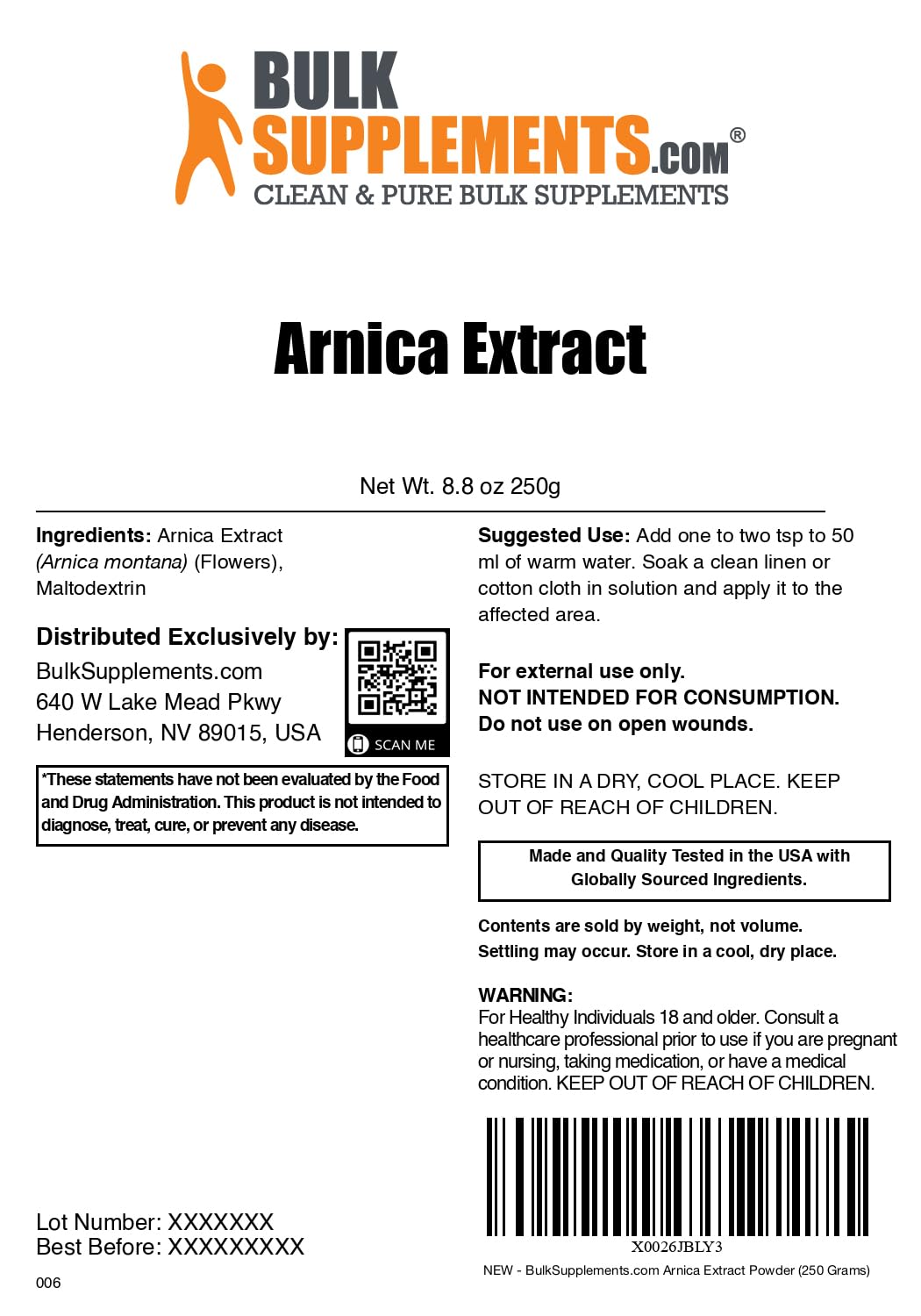 BulkSupplements.com Arnica Extract Powder - Herbal Supplement, from Dried Arnica Flowers, Servings Vary Per Use, 250g (8.8 oz) (Pack of 1) BulkSupplements uk supplements