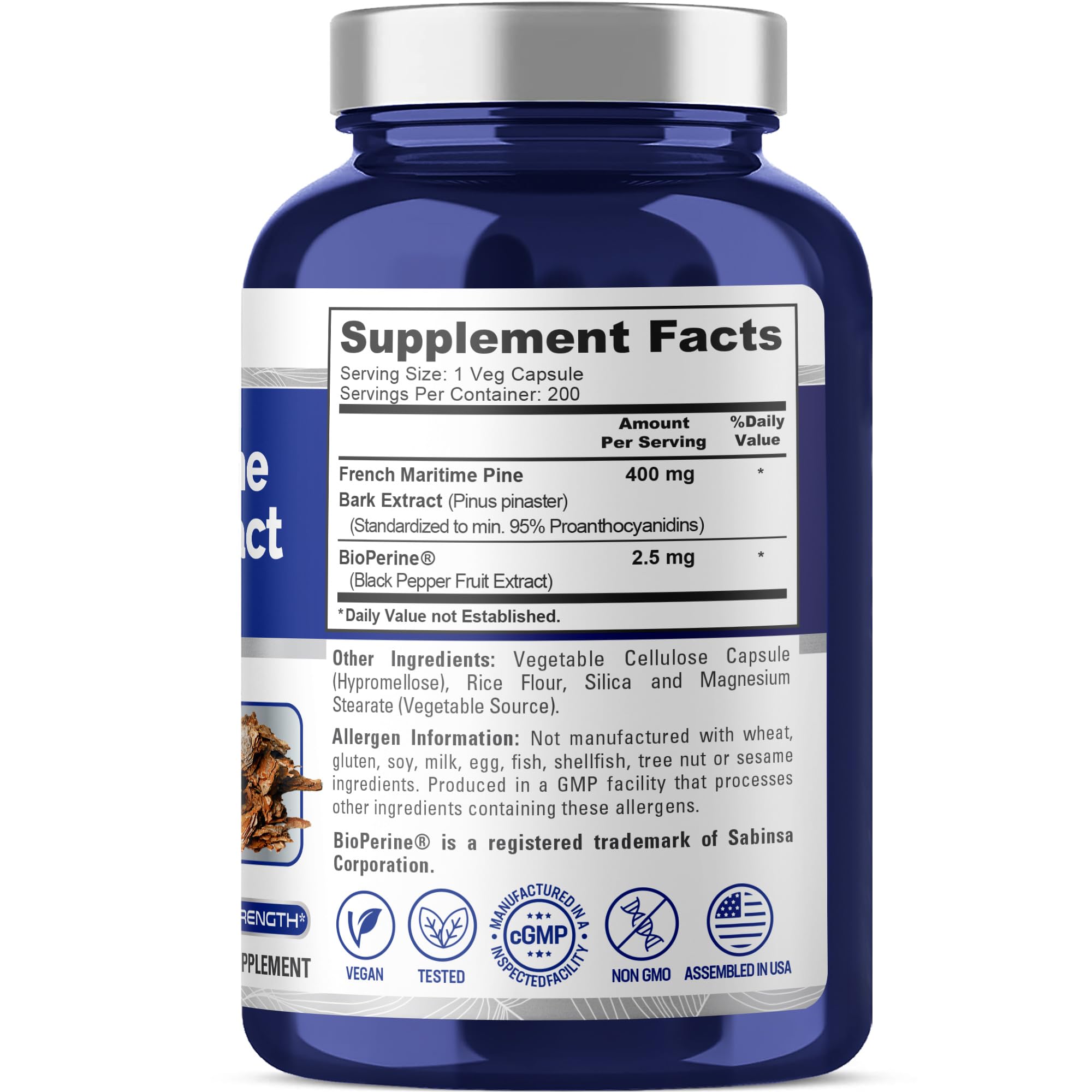NusaPure French Maritime Pine Bark Extract 400mg per Veggie Caps 200-Day Supply Bioperine Non-GMO Vegan NusaPure uk supplements