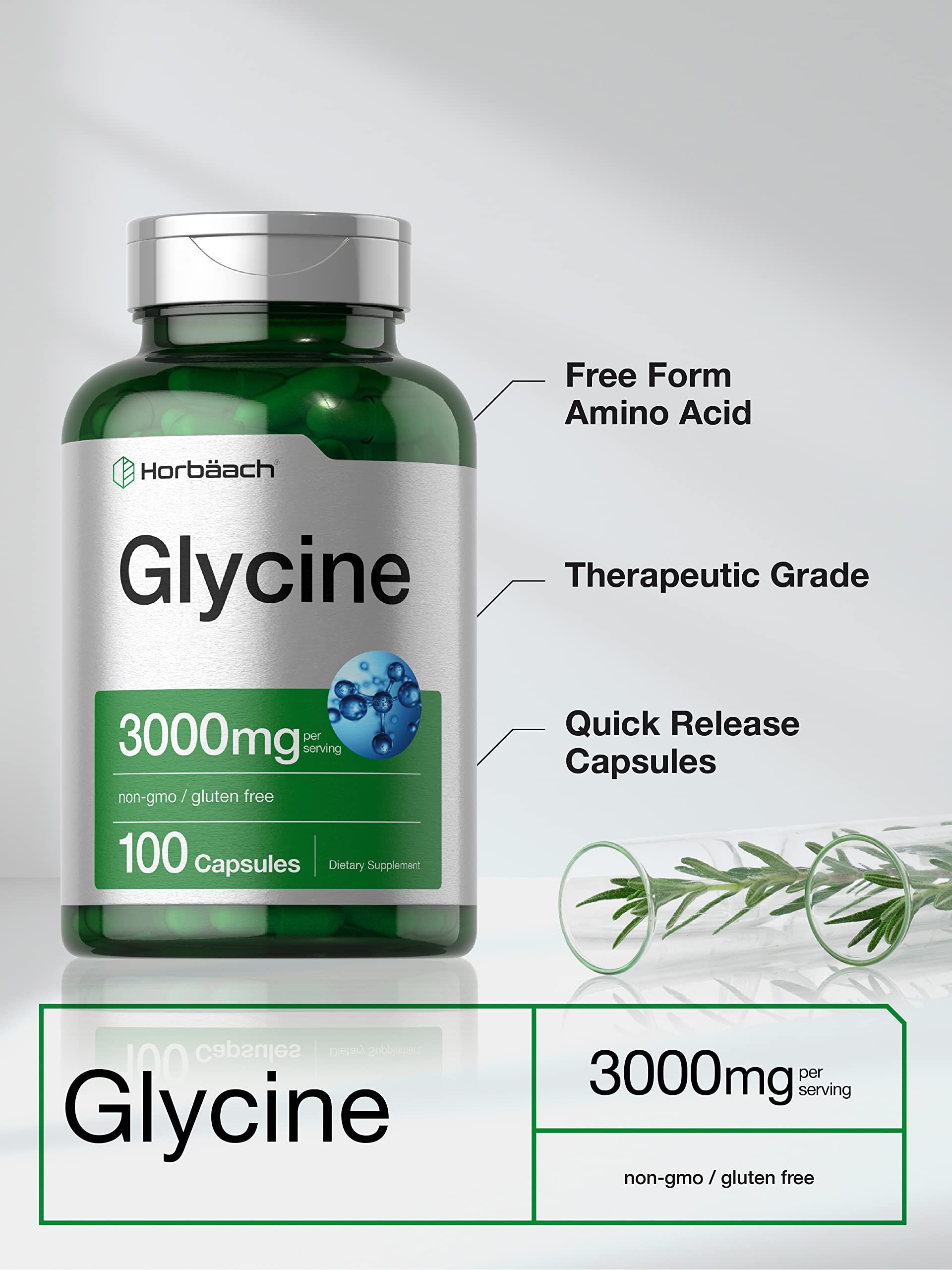 Glycine 3000 mg 100 Capsules | Non-GMO, Gluten Free Glycine Supplement | by Horbaach Horbäach uk supplements