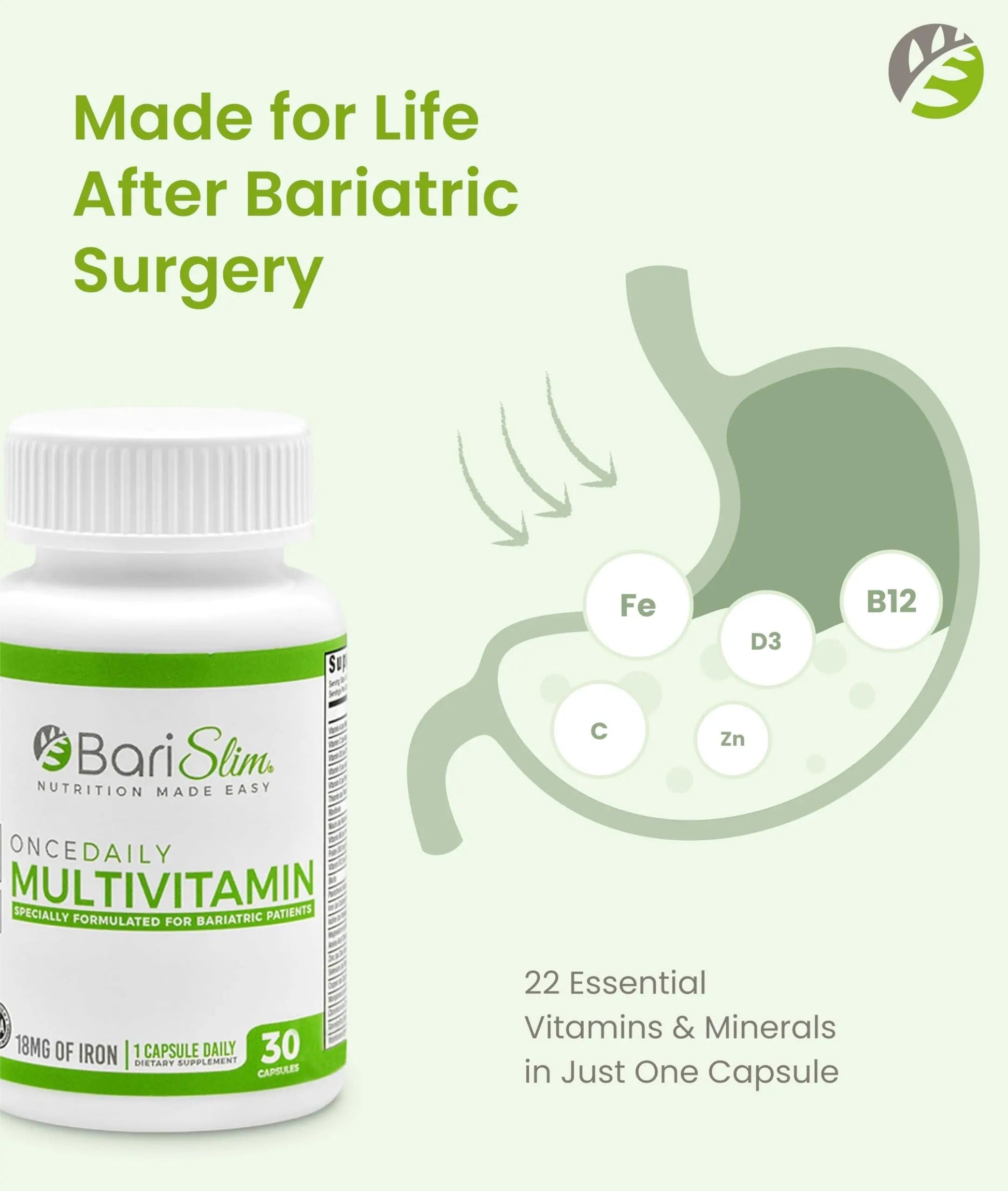 BariSlim Once Daily Bariatric Multivitamin Capsule - 18mg of Iron - Bariatric Vitamin & Supplement for Post Surgery Including Gastric Bypass BariSlim uk supplements
