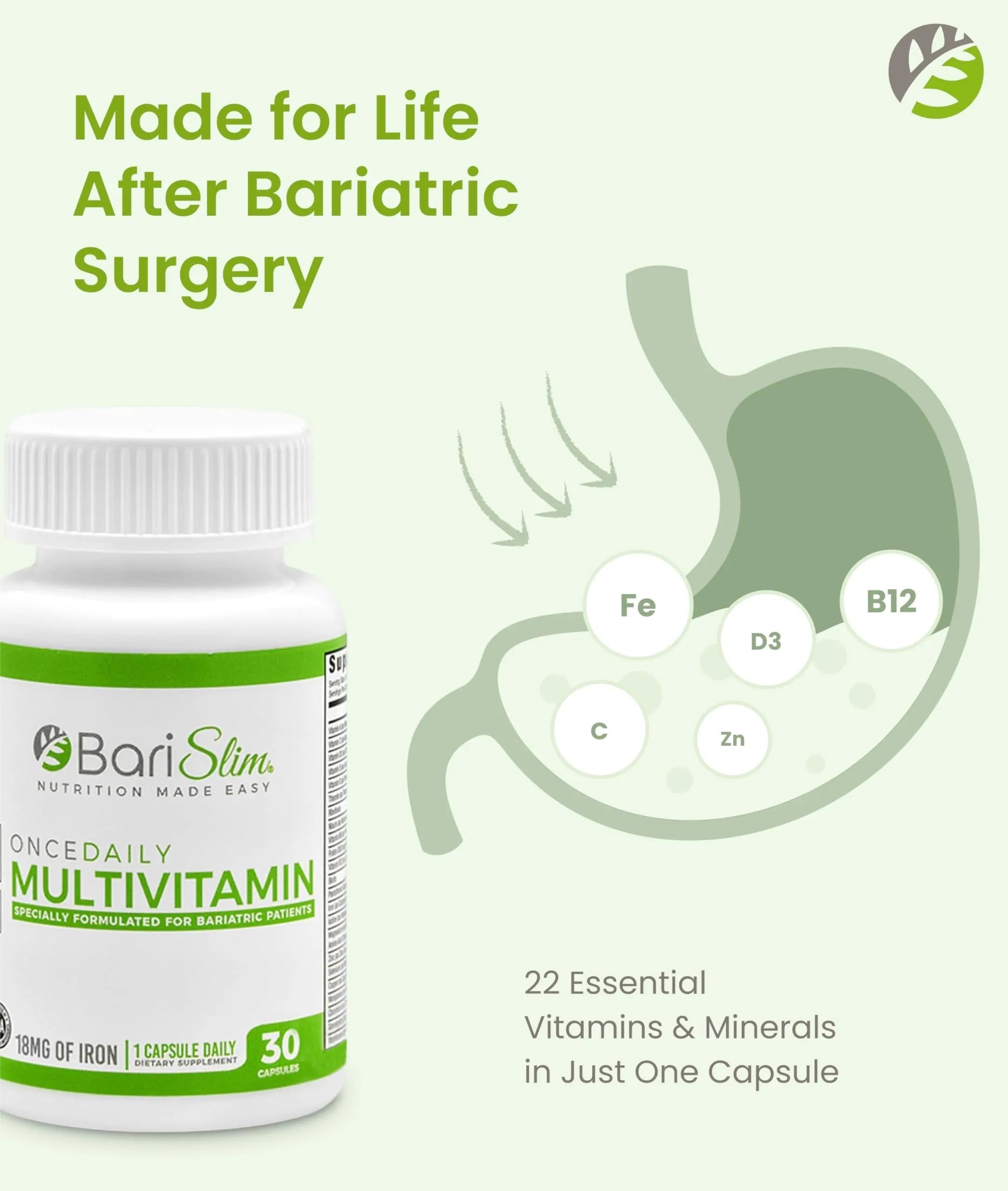 BariSlim Once Daily Bariatric Multivitamin Capsule - 18mg of Iron - Bariatric Vitamin & Supplement for Post Surgery Including Gastric Bypass BariSlim uk supplements