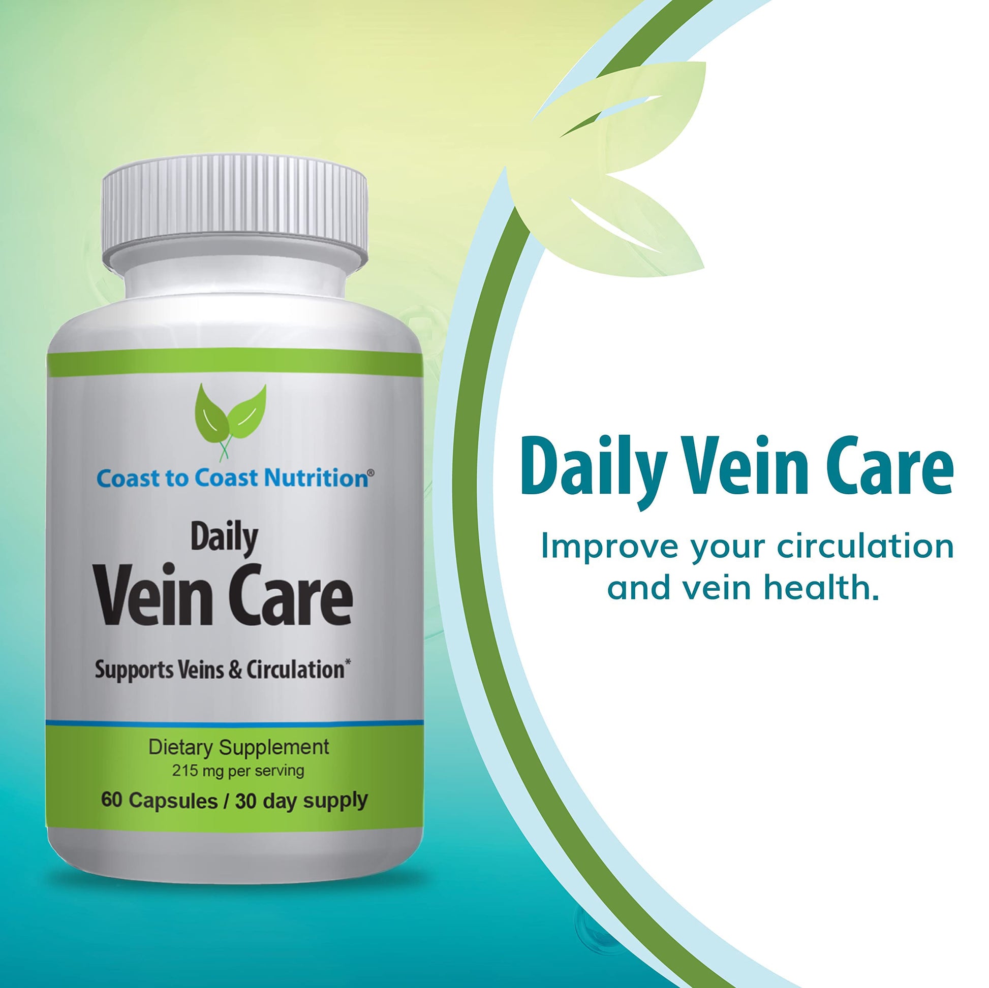 Coast to Coast Nutrition Daily Vein Care Supplement Capsules — Circulation Formula with a Natural Blend of Calcium, Vitamin D3, Vitamin K2 Plus BioPerine for Max Absorption Vein Formula — 60 Capsules Coast to Coast Nutrition uk supplements