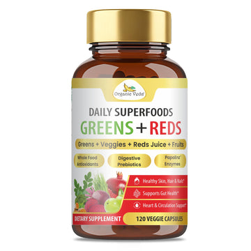 Organic Veda Super Greens & Reds Capsules - Organic Superfoods, Daily Greens, Red Juice, Fruits & Vegetables Supplement - Papaya Enzymes, Digestive Herbs, Bromelain, Antioxidants - 120 Veggie Capsules Organic Veda uk supplements